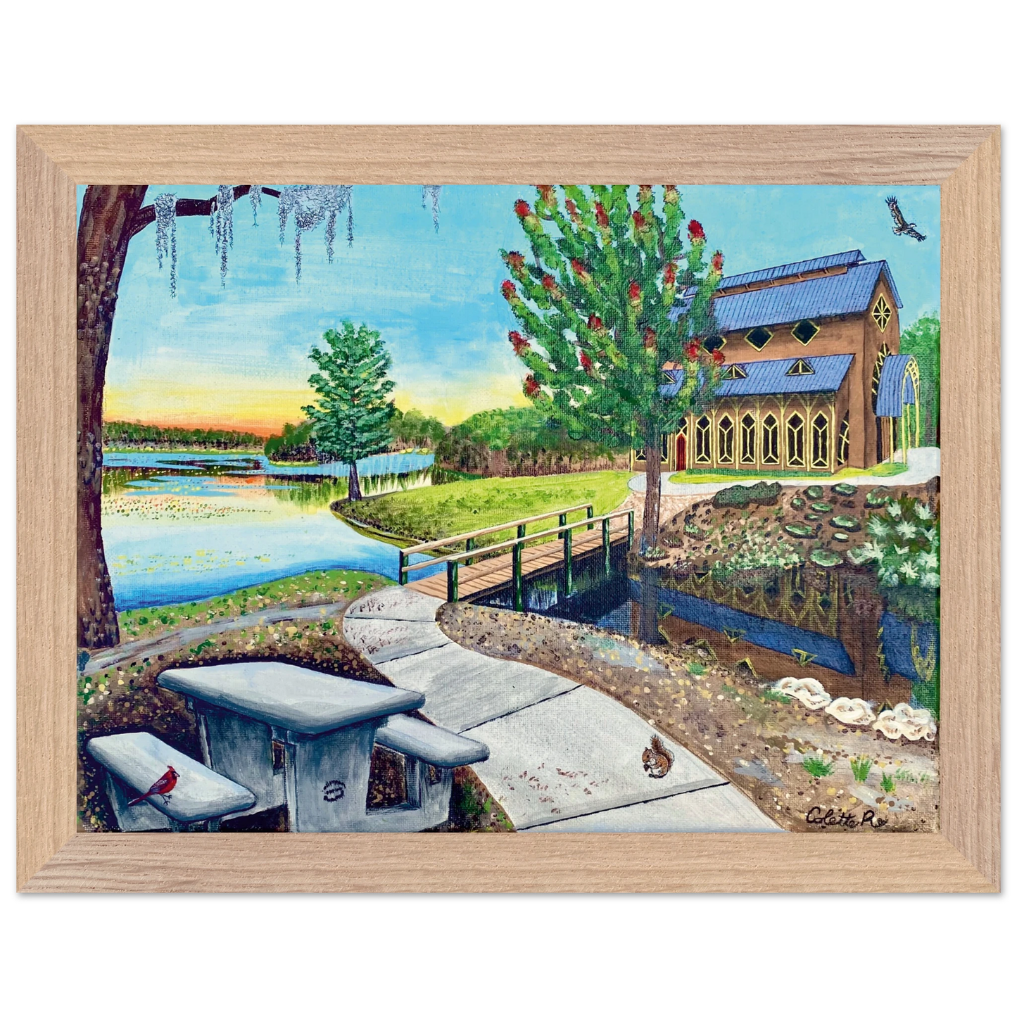 Inspiring Christian art acrylic on canvas painting Sanctuary at Lake Alice by Colette Raine Fine Art Paper in Wood Frame Print 6×8" (15×20 cm) Natural Wood Frame