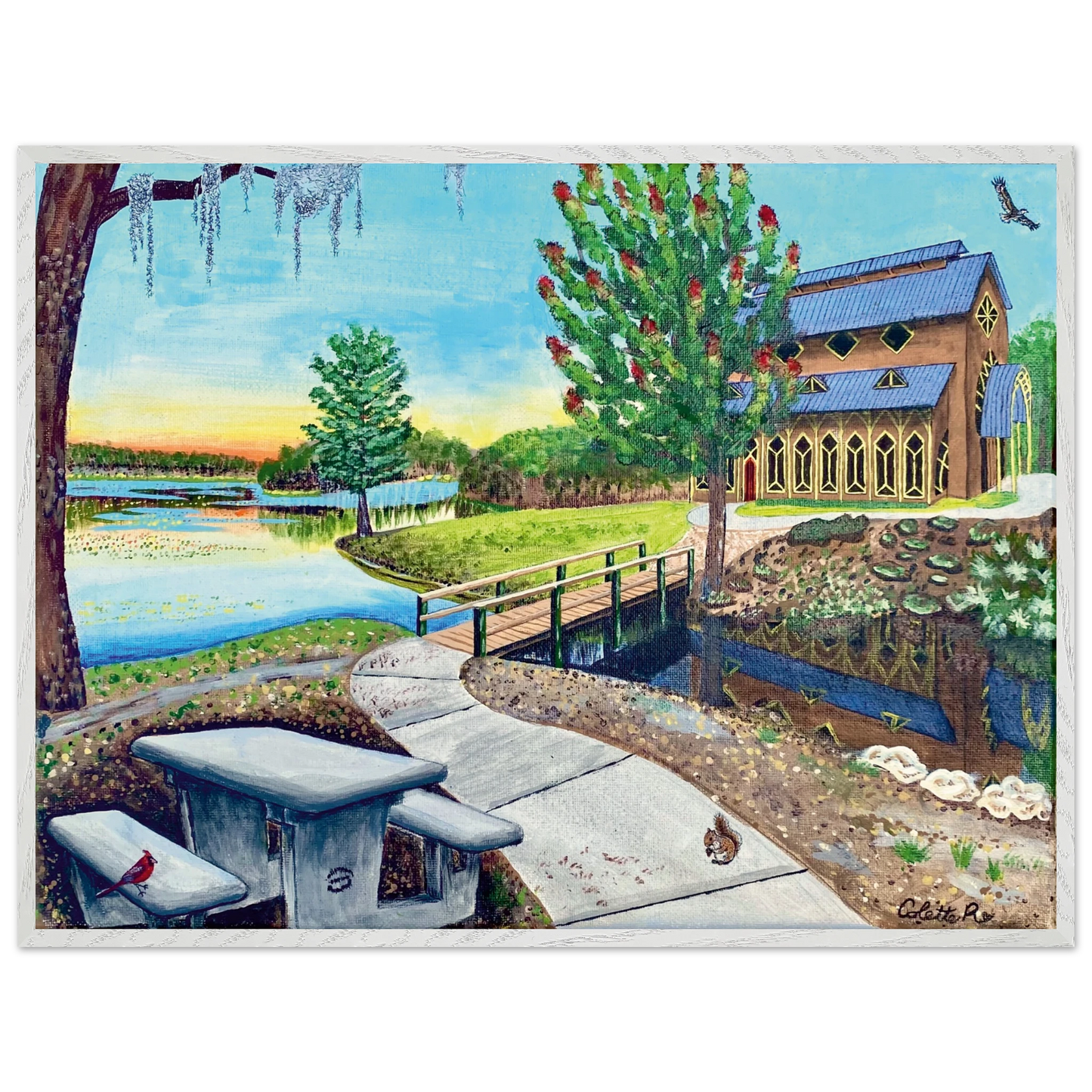 Inspiring Christian art acrylic on canvas painting Sanctuary at Lake Alice by Colette Raine Fine Art Paper in Wood Frame Print 24×32" (60×80 cm) White Frame