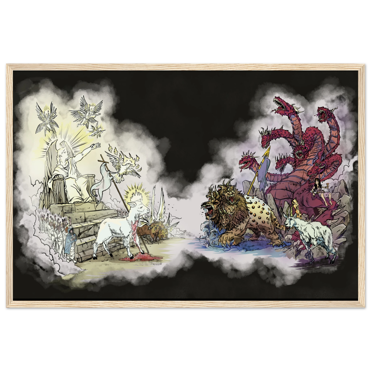 Inspiring modern Christian graphic art Team Lamb versus Team Dragon by Seth Haak, Revelation Series Semi-Glossy Paper in Wood Frame Print 16×24" (40×60 cm) Natural Wood Frame