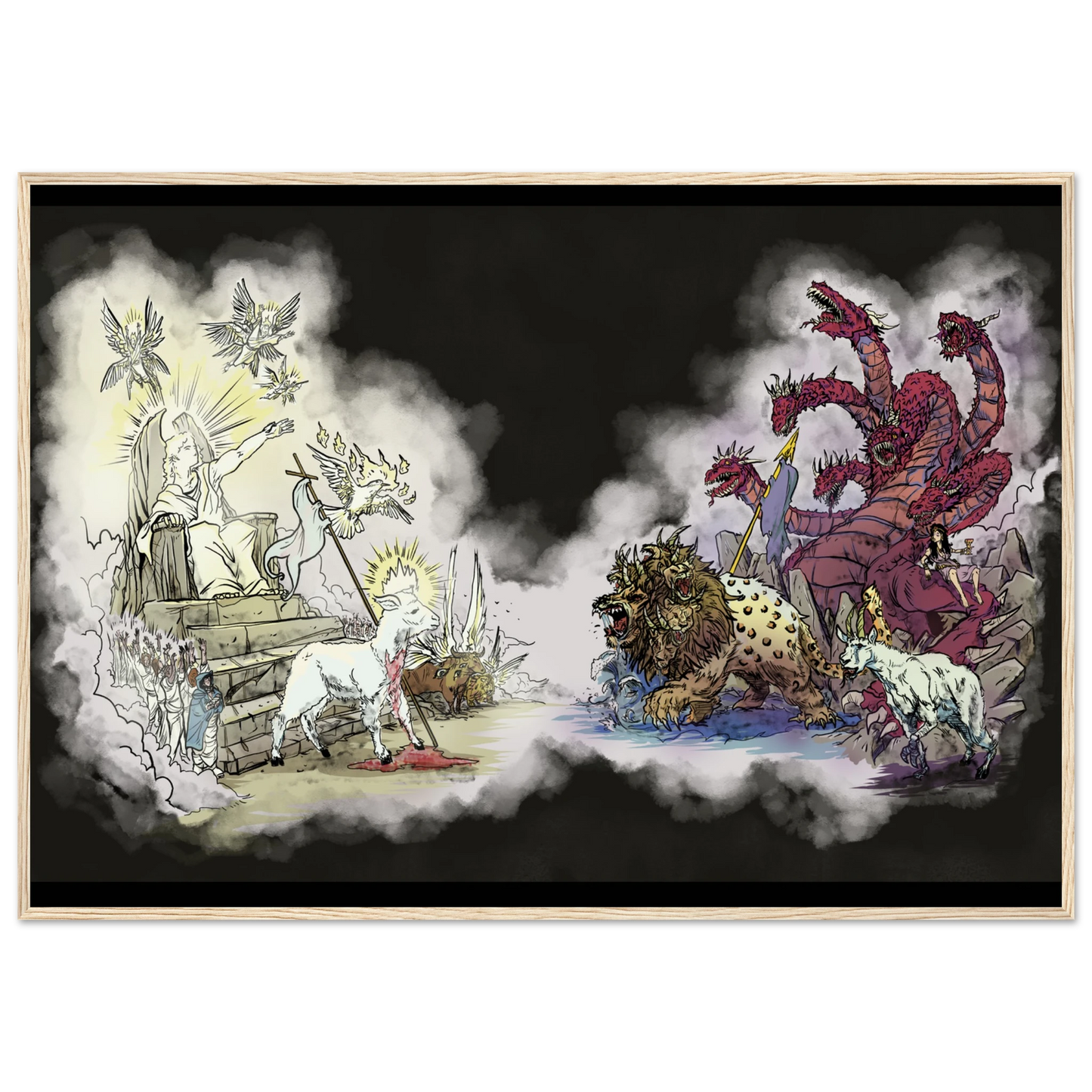 Inspiring modern Christian graphic art Team Lamb versus Team Dragon by Seth Haak, Revelation Series Semi-Glossy Paper in Wood Frame Print 28×40" (70×100 cm) Natural Wood Frame