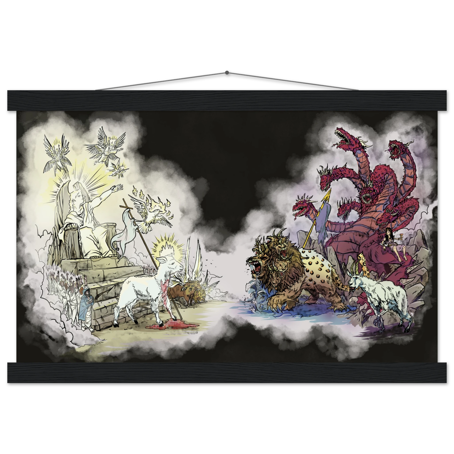Inspiring modern Christian graphic art Team Lamb versus Team Dragon by Seth Haak, Revelation Series Matte Paper with Wood Hanging Rail Print 12×18" (30×45 cm) Black Rail