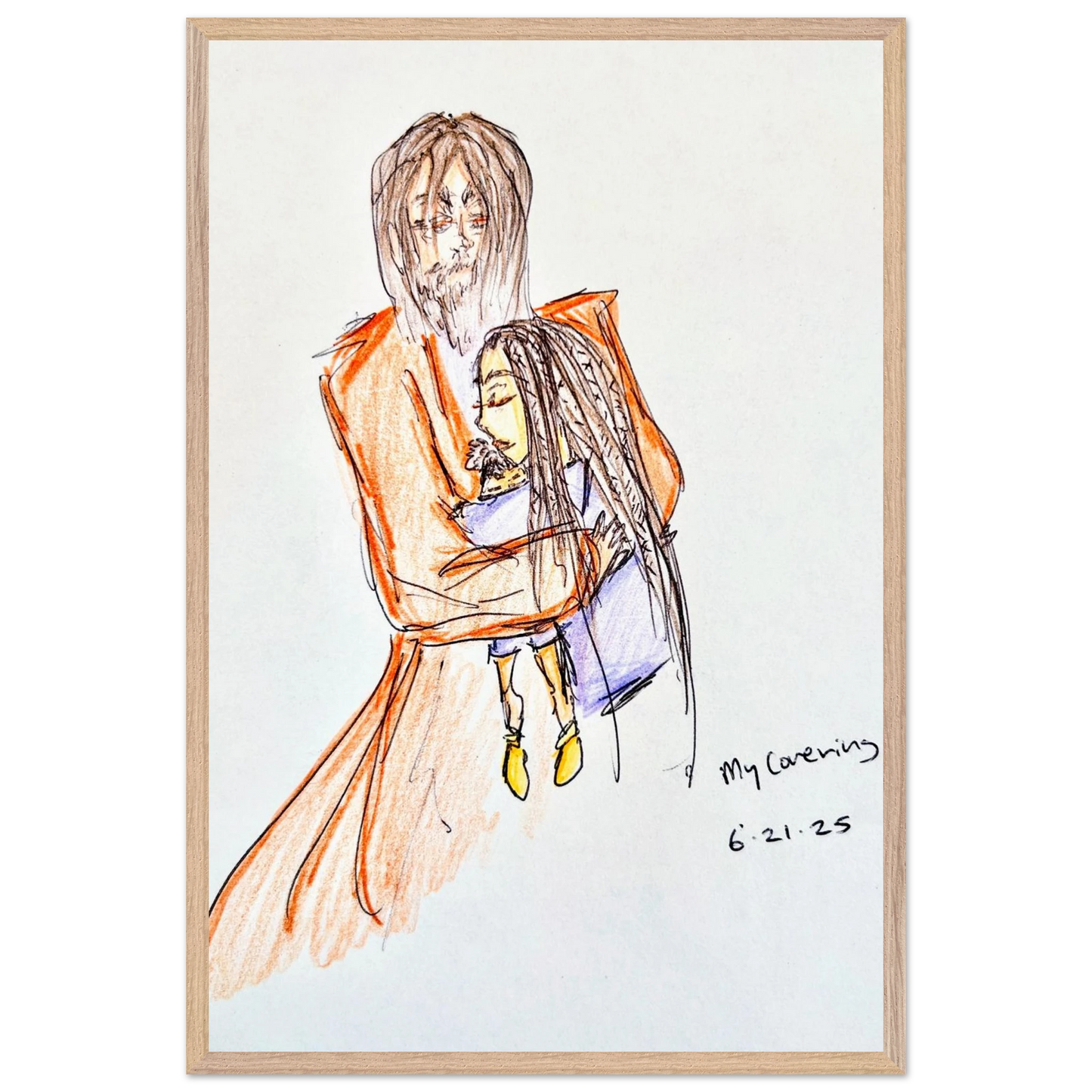 My Covering by Katie Jackson-Jesus Holding Child Drawing-Christian Comfort Art-Semi-Glossy Paper in Wood Frame Print, 24×36" (60×90 cm), Natural Wood Frame