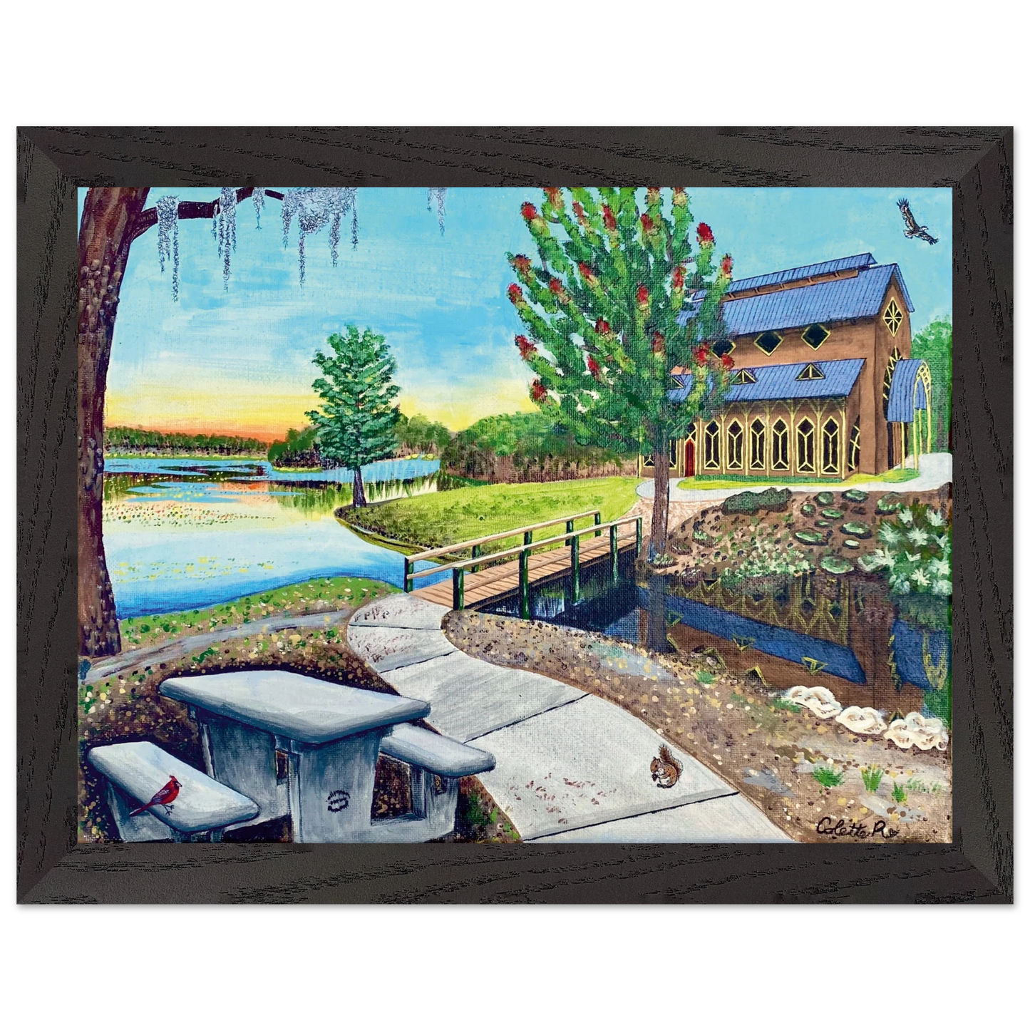 Inspiring Christian art acrylic on canvas painting Sanctuary at Lake Alice by Colette Raine Fine Art Paper in Wood Frame Print 6×8" (15×20 cm) Black Frame