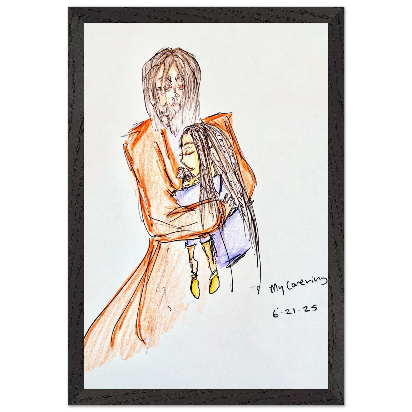 My Covering by Katie Jackson-Jesus Holding Child Drawing-Christian Comfort Art-Semi-Glossy Paper in Wood Frame Print, 12×18" (30×45 cm), Black Frame