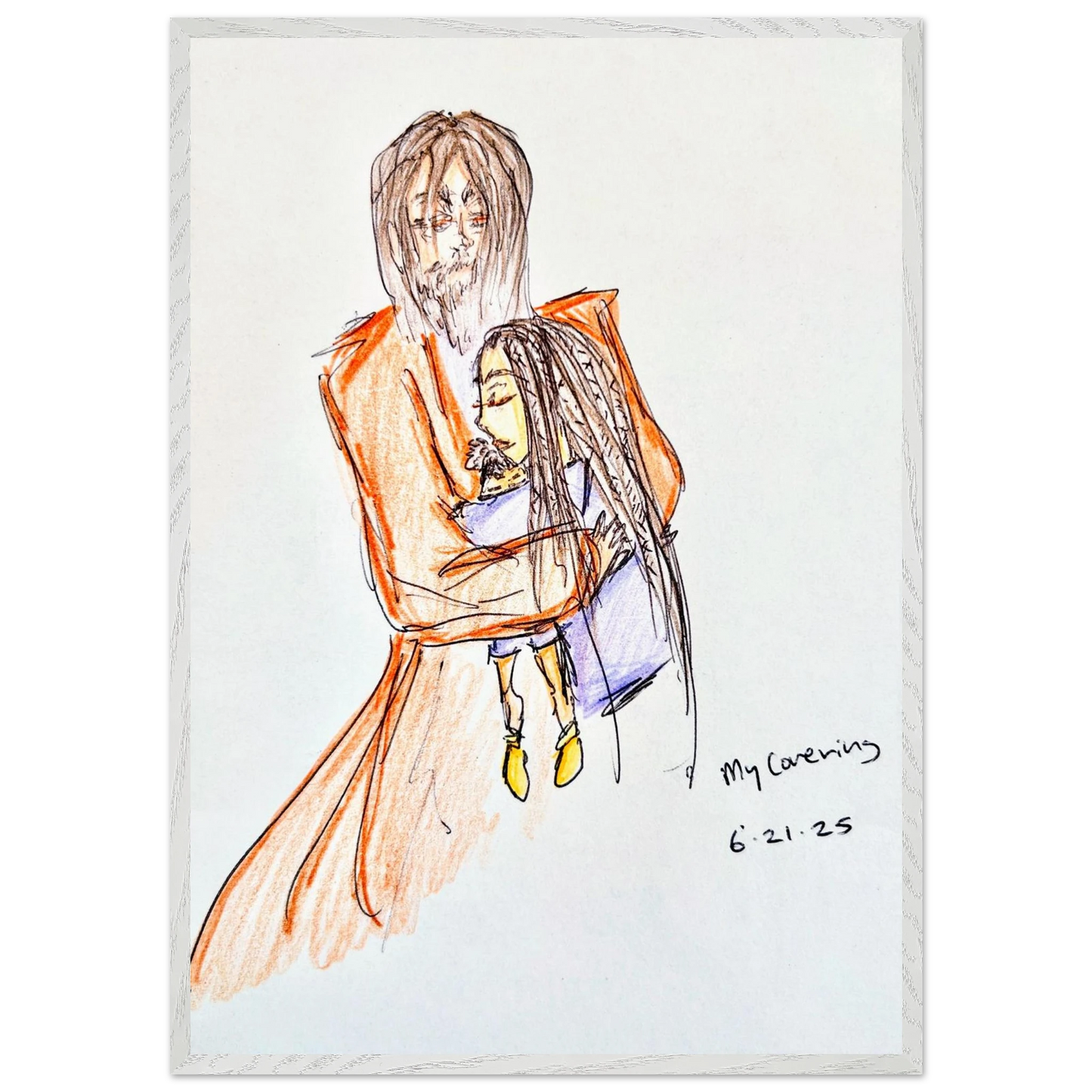 My Covering by Katie Jackson-Jesus Holding Child Drawing-Christian Comfort Art-Semi-Glossy Paper in Wood Frame Print, 28×40" (70×100 cm), White Frame