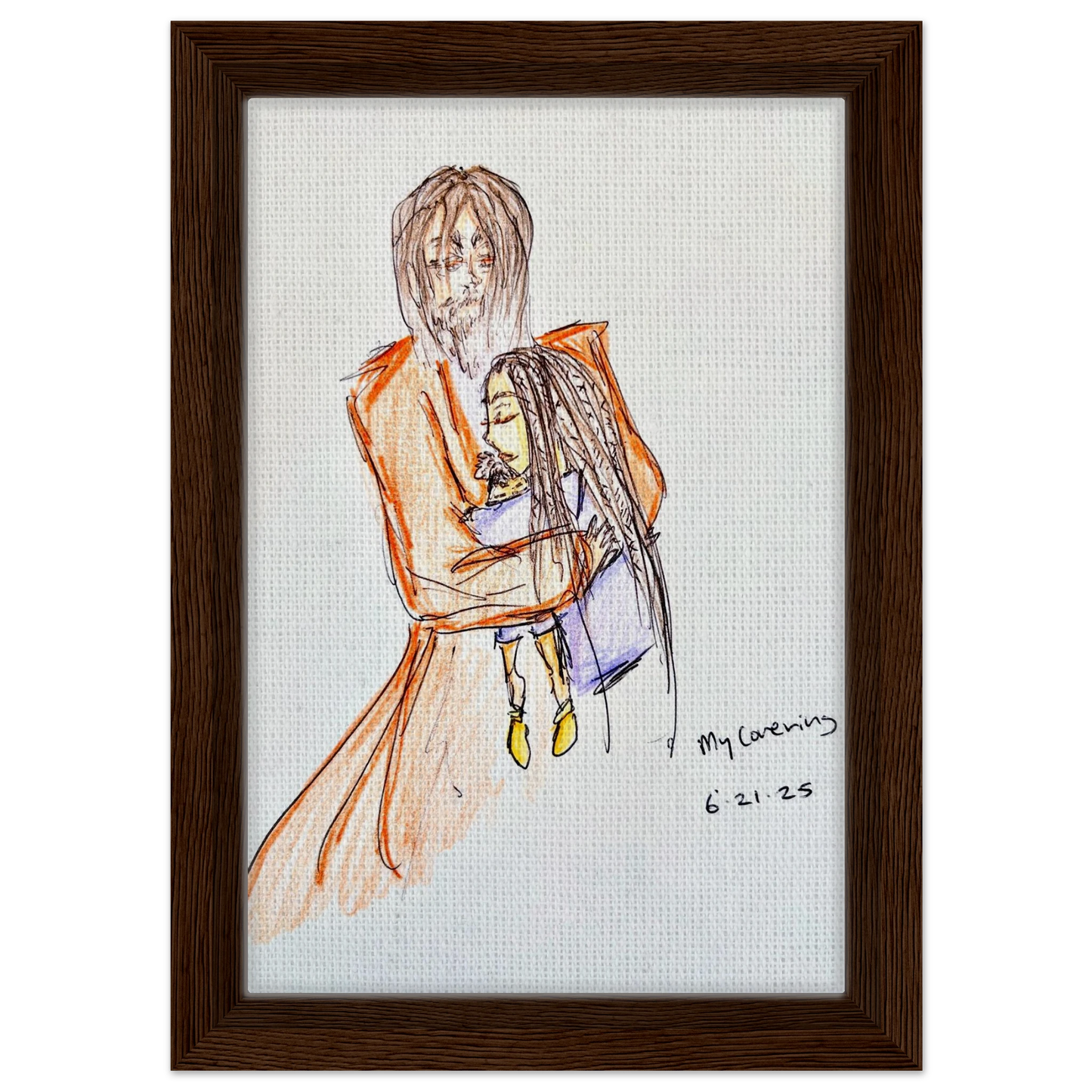 My Covering by Katie Jackson-Jesus Holding Child Drawing-Christian Comfort Art-Canvas in Wood Frame Print, 8×12" (20×30 cm), Dark Wood Frame