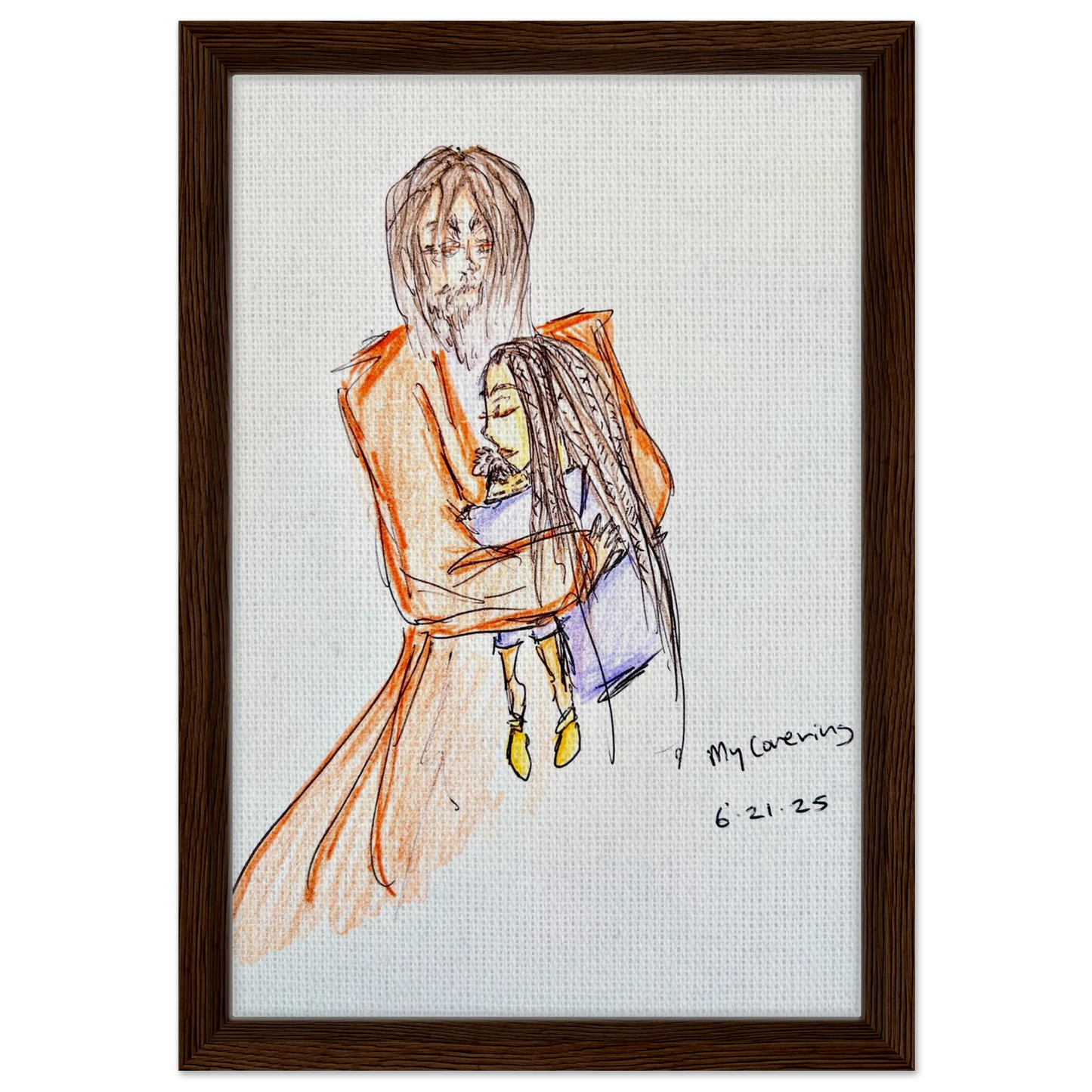 My Covering by Katie Jackson-Jesus Holding Child Drawing-Christian Comfort Art-Canvas in Wood Frame Print, 12×18" (30×45 cm), Dark Wood Frame