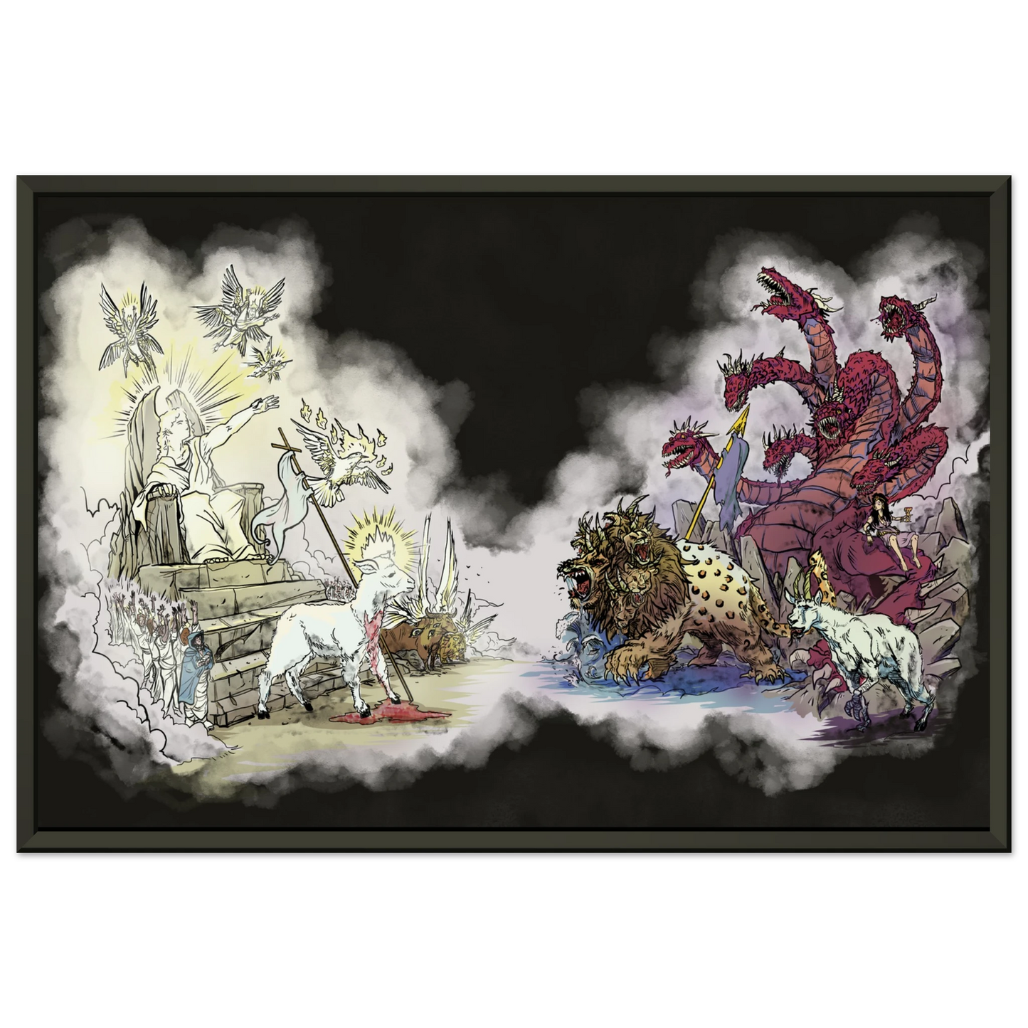 Inspiring modern Christian graphic art Team Lamb versus Team Dragon by Seth Haak, Revelation Series Semi-Glossy Paper in Metal Frame Print 12×18" (30×45 cm) Black Frame