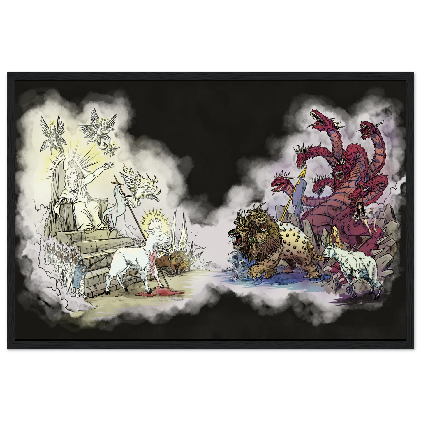Inspiring modern Christian graphic art Team Lamb versus Team Dragon by Seth Haak, Revelation Series Semi-Glossy Paper in Wood Frame Print 16×24" (40×60 cm) Black Frame
