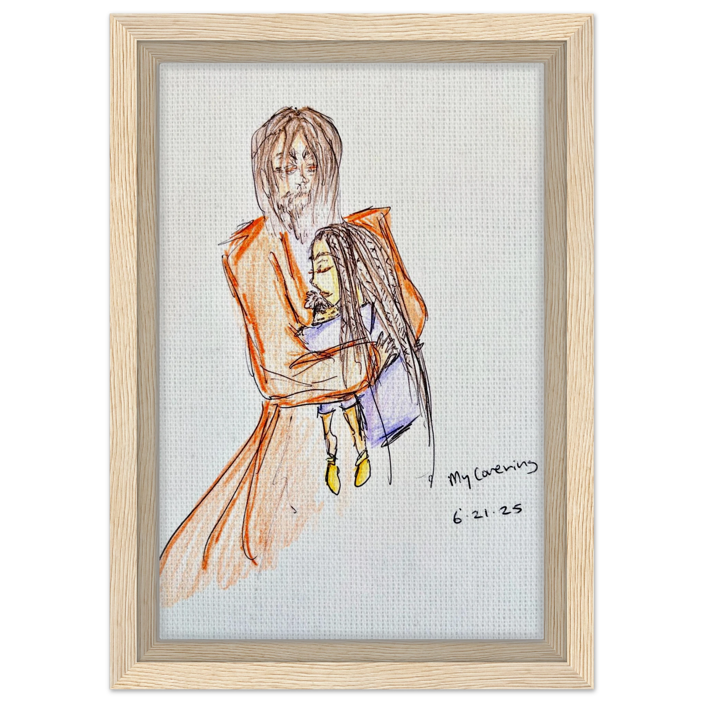 My Covering by Katie Jackson-Jesus Holding Child Drawing-Christian Comfort Art-Canvas in Wood Frame Print, 8×12" (20×30 cm), Natural Wood Frame