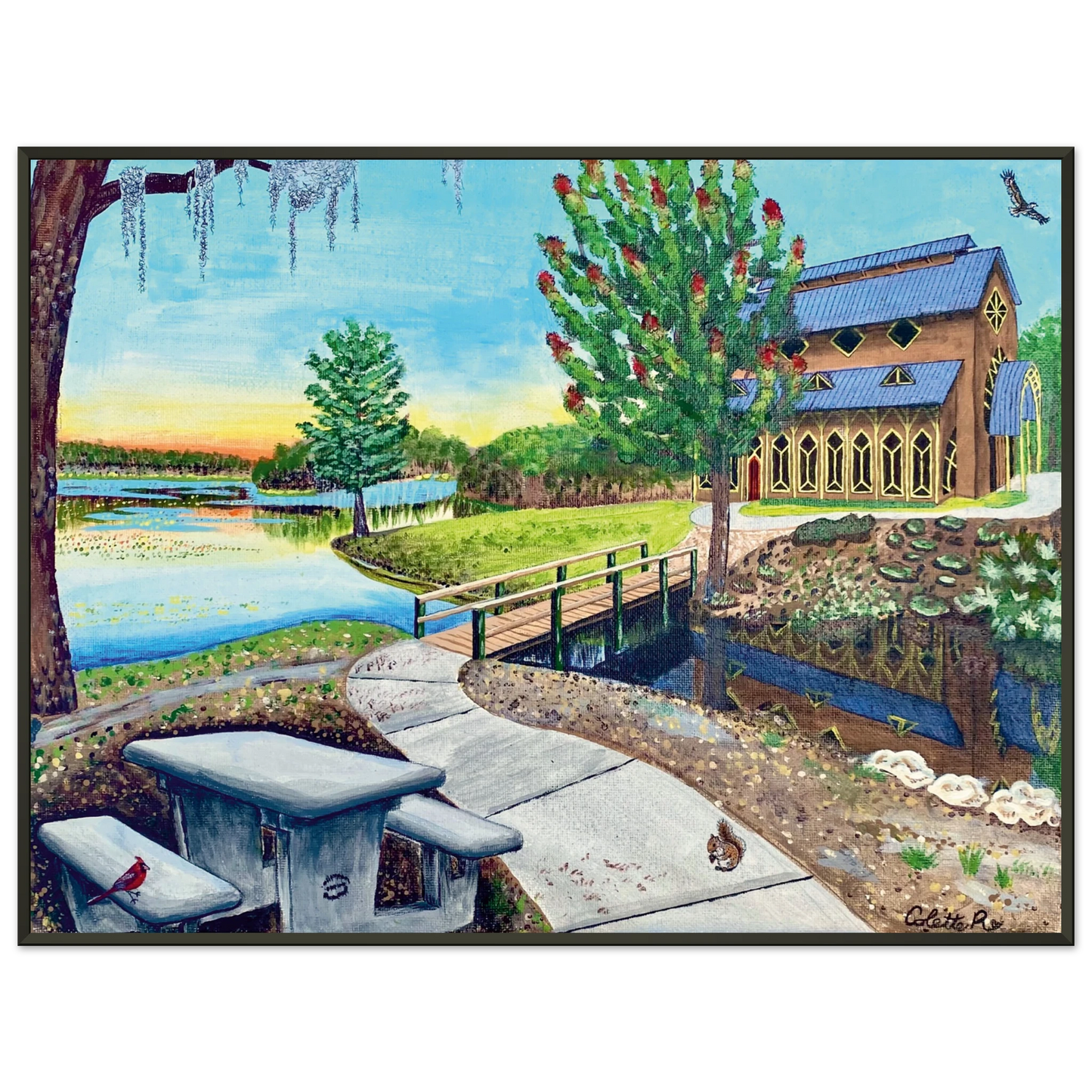 Inspiring Christian art acrylic on canvas painting Sanctuary at Lake Alice by Colette Raine Semi-Glossy Paper in Metal Frame Print 24×32" (60×80 cm) Black Frame