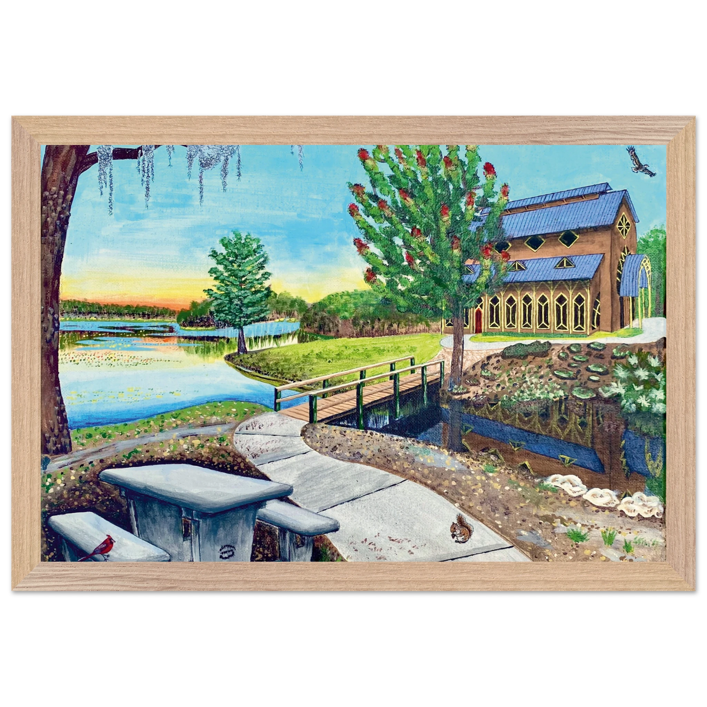 Inspiring Christian art acrylic on canvas painting Sanctuary at Lake Alice by Colette Raine Fine Art Paper in Wood Frame Print 8.3×11.7" (21×29.7 cm A4 size) Natural Wood Frame