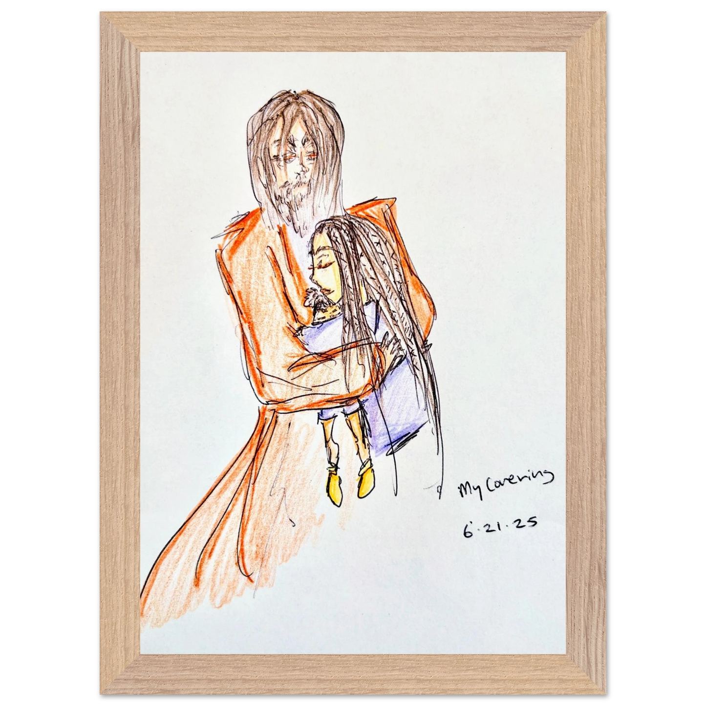 My Covering by Katie Jackson-Jesus Holding Child Drawing-Christian Comfort Art-Semi-Glossy Paper in Wood Frame Print, 8×12" (21×30 cm), Natural Wood Frame