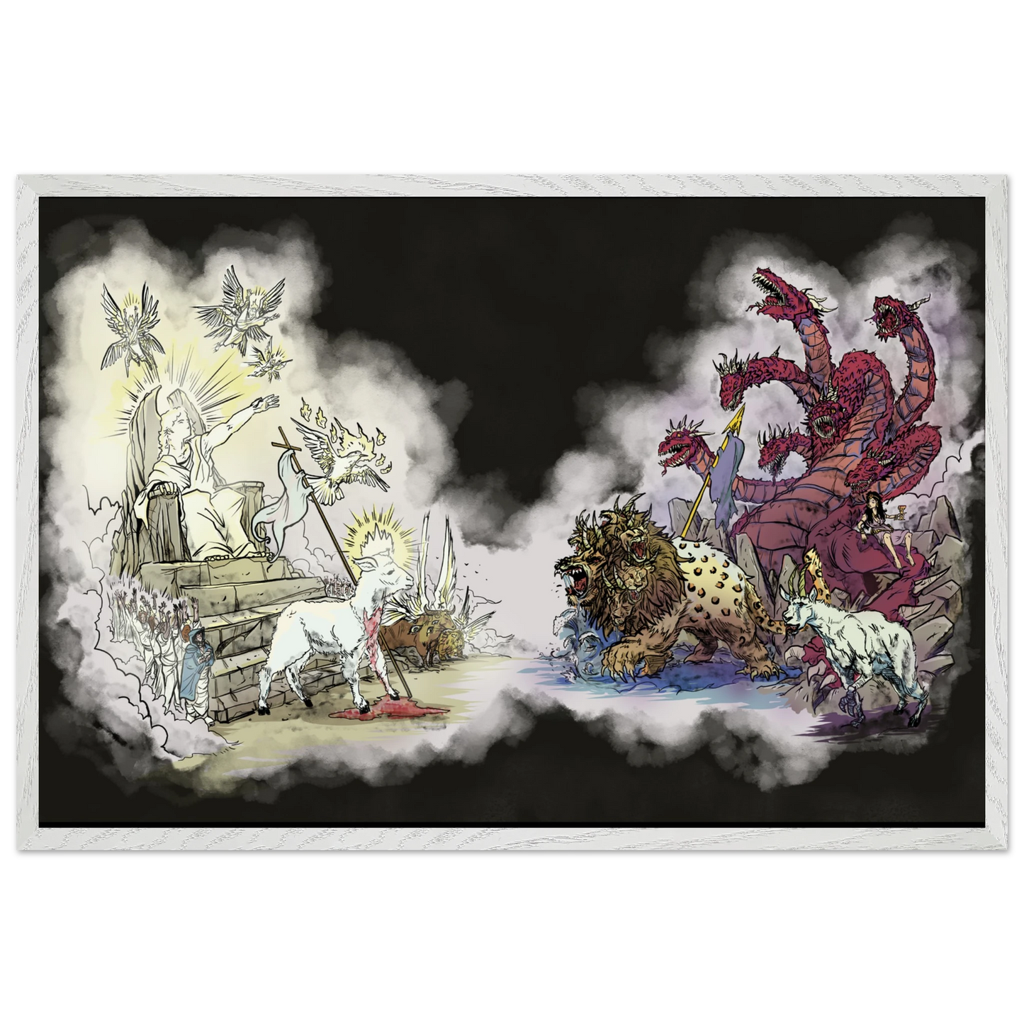 Inspiring modern Christian graphic art Team Lamb versus Team Dragon by Seth Haak, Revelation Series Fine Art Paper in Wood Frame Print 16×24" (40×60 cm) White Frame