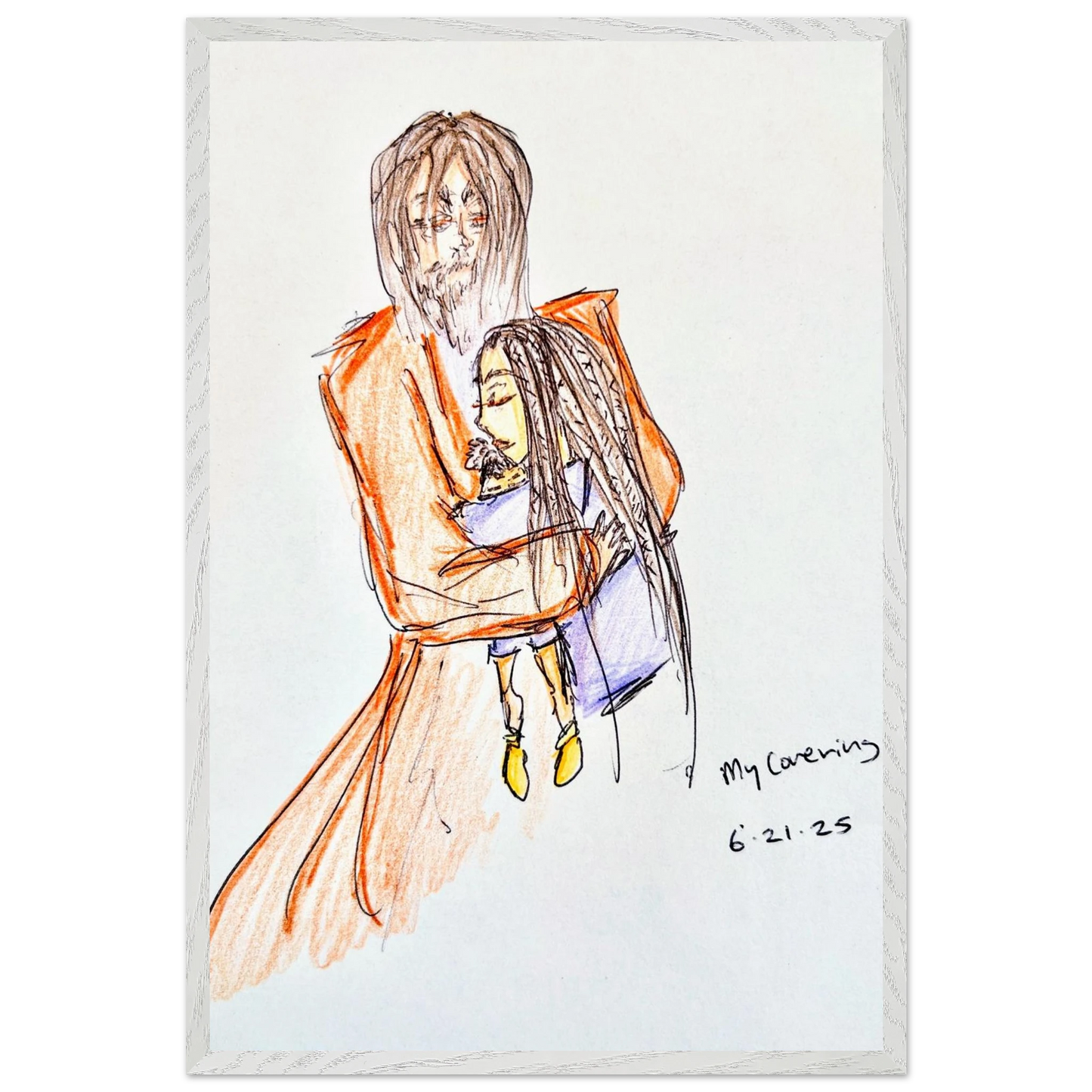 My Covering by Katie Jackson-Jesus Holding Child Drawing-Christian Comfort Art-Fine Art Paper in Wood Frame Print, 16×24" (40×60 cm), White Frame