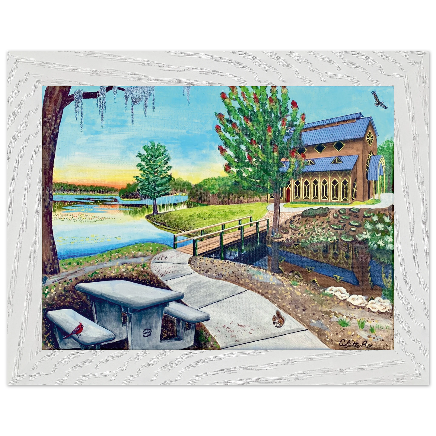 Inspiring Christian art acrylic on canvas painting Sanctuary at Lake Alice by Colette Raine Semi-Glossy Paper in Wood Frame Print 6×8" (15×20 cm) White Frame