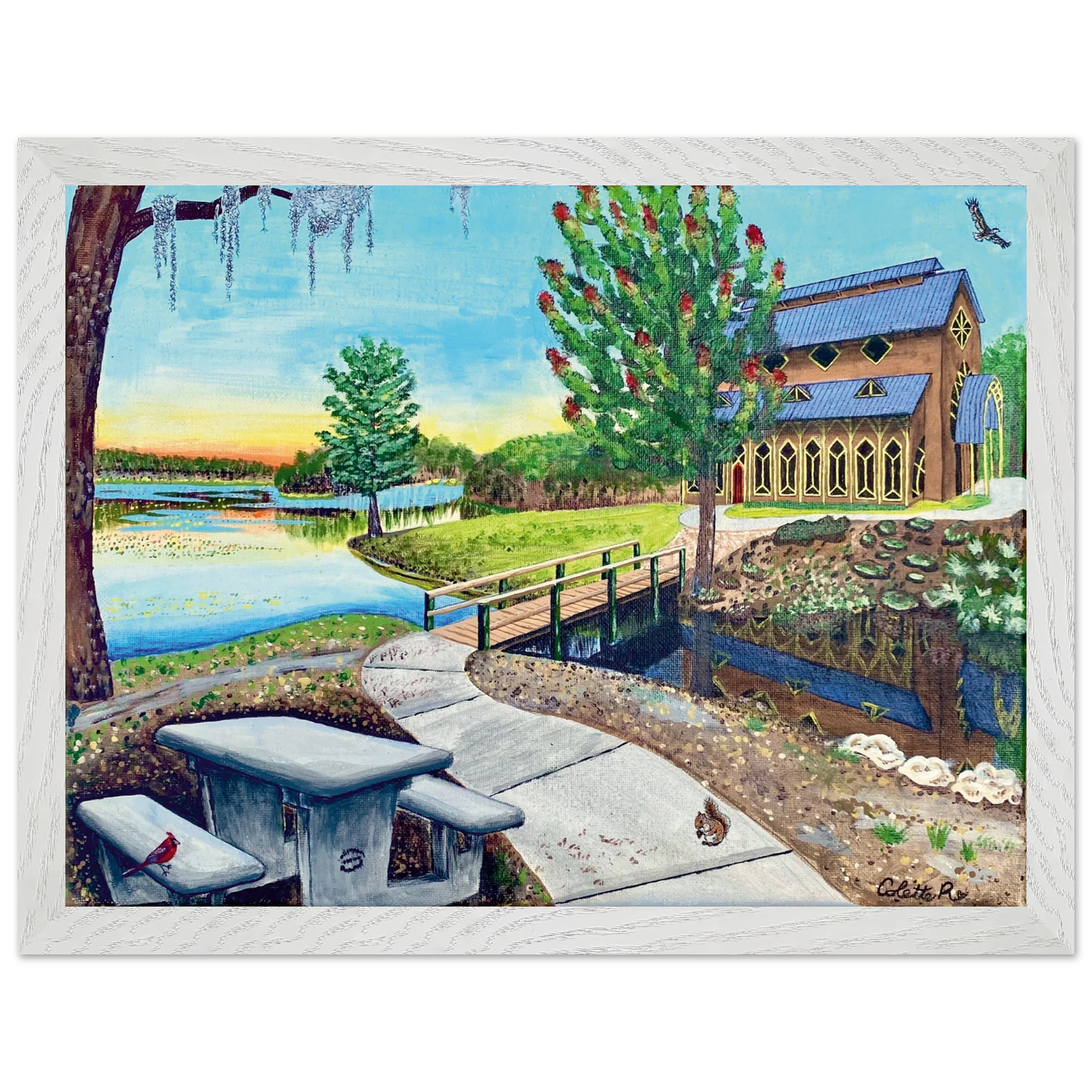Inspiring Christian art acrylic on canvas painting Sanctuary at Lake Alice by Colette Raine Semi-Glossy Paper in Wood Frame Print 12×16" (30×40 cm) White Frame