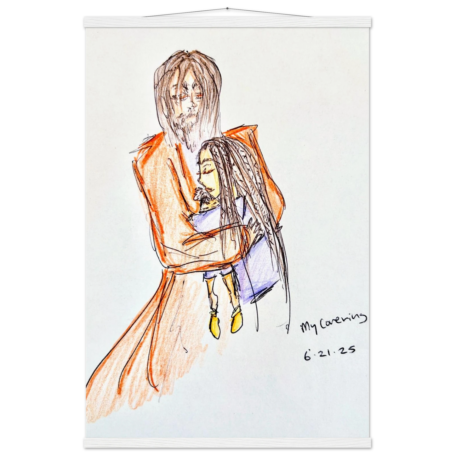 My Covering by Katie Jackson-Jesus Holding Child Drawing-Christian Comfort Art-Matte Paper with Wood Hanging Rail Print, 24×36" (60×90 cm), White Rail