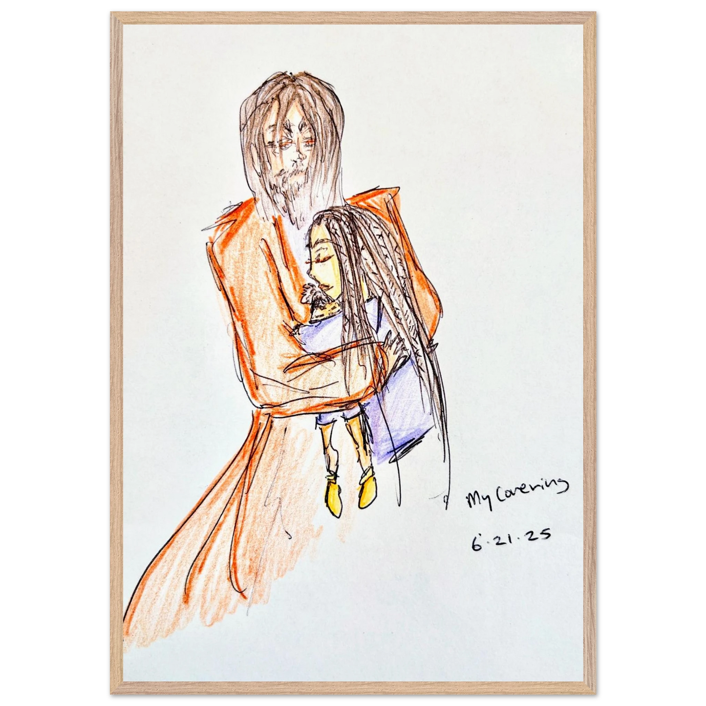 My Covering by Katie Jackson-Jesus Holding Child Drawing-Christian Comfort Art-Semi-Glossy Paper in Wood Frame Print, 28×40" (70×100 cm), Natural Wood Frame