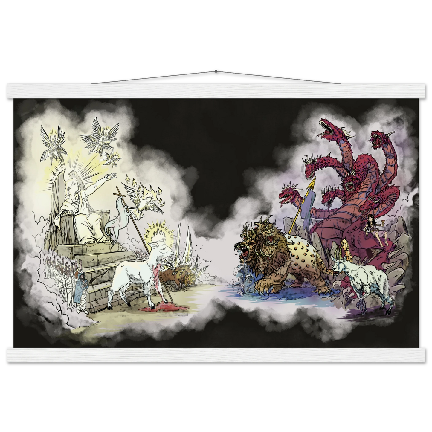 Inspiring modern Christian graphic art Team Lamb versus Team Dragon by Seth Haak, Revelation Series Matte Paper with Wood Hanging Rail Print 16×24" (40×60 cm) Natural Wood Rail