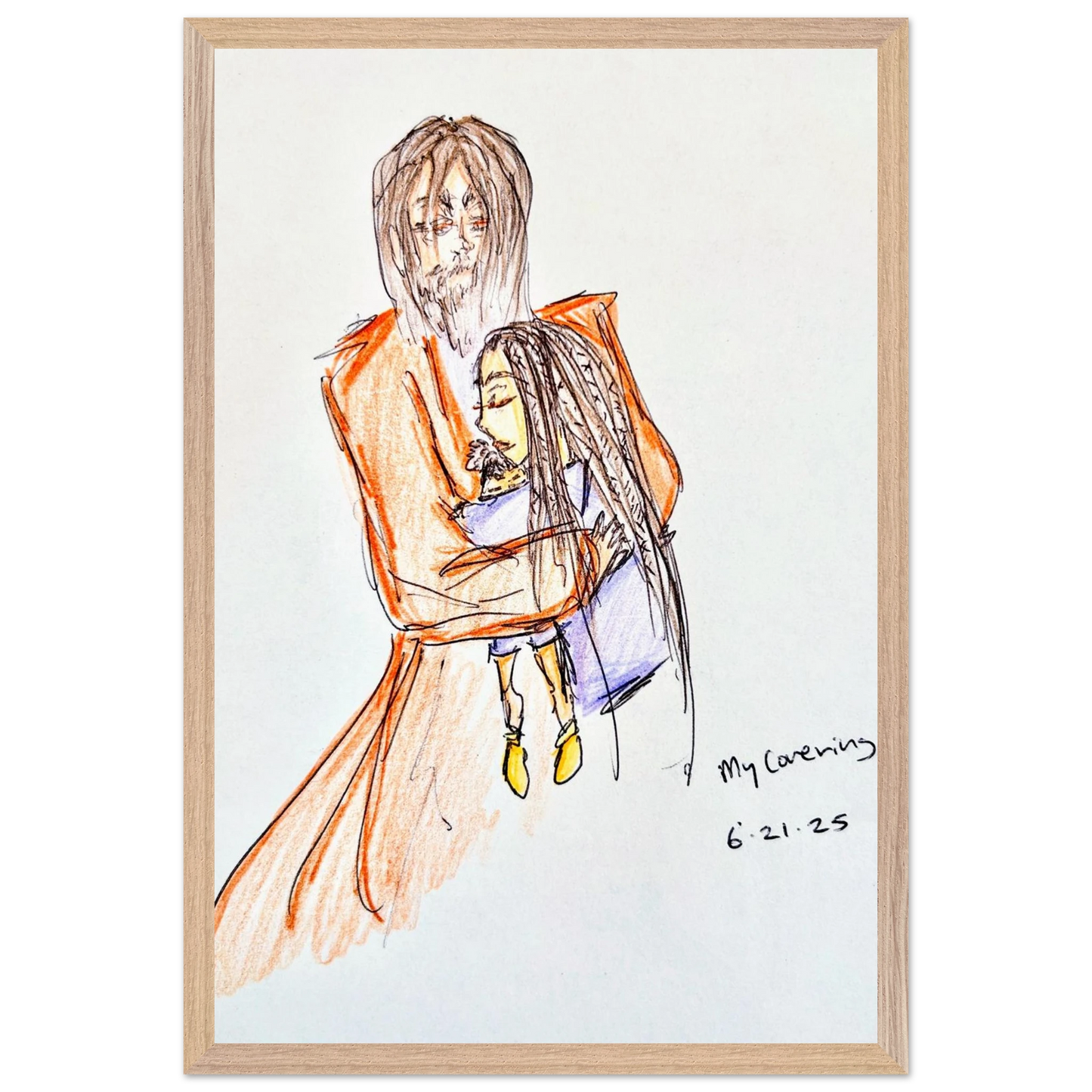 My Covering by Katie Jackson-Jesus Holding Child Drawing-Christian Comfort Art-Fine Art Paper in Wood Frame Print, 12×18" (30×45 cm), Natural Wood Frame