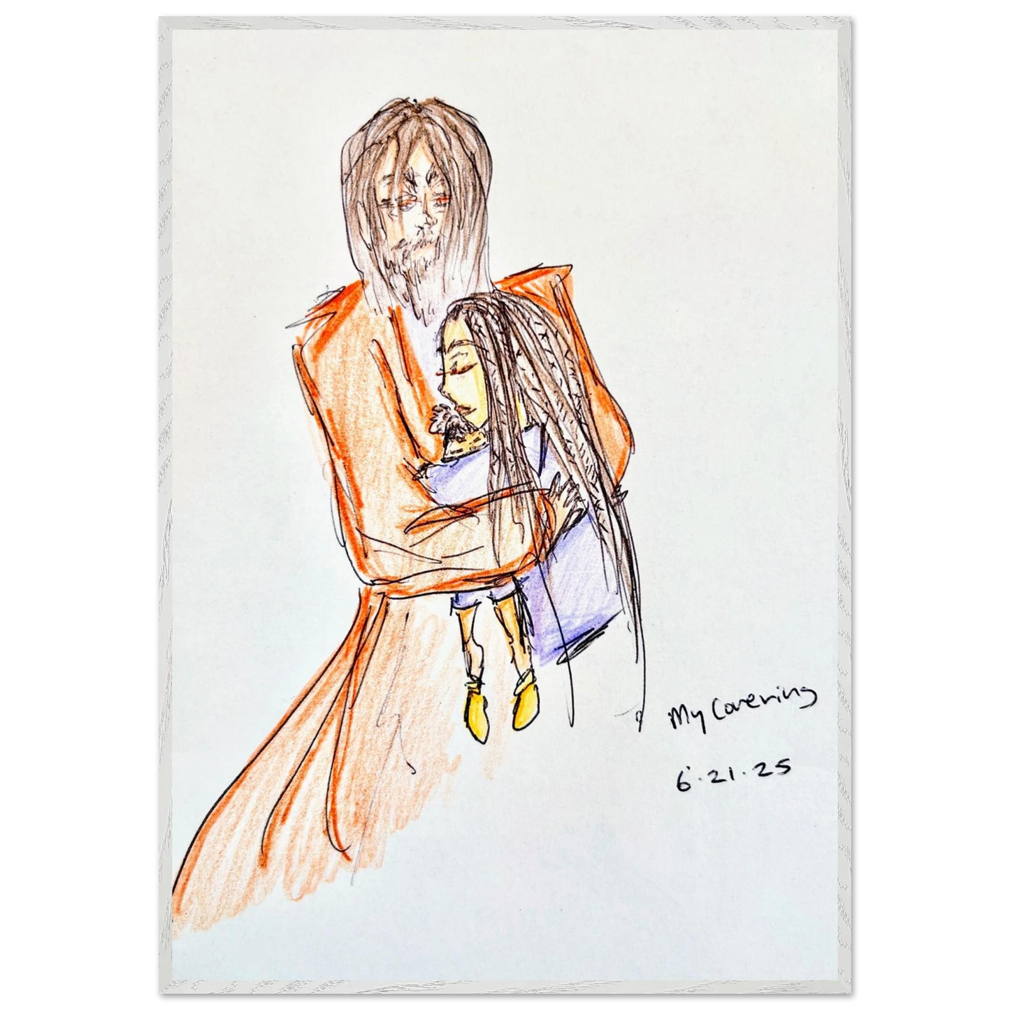 My Covering by Katie Jackson-Jesus Holding Child Drawing-Christian Comfort Art-Fine Art Paper in Wood Frame Print, 28×40" (70×100 cm), White Frame