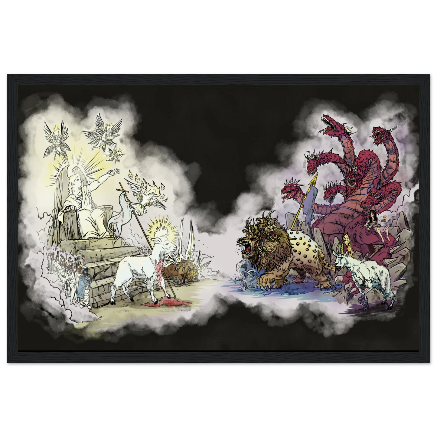 Inspiring modern Christian graphic art Team Lamb versus Team Dragon by Seth Haak, Revelation Series Semi-Glossy Paper in Wood Frame Print 12×18" (30×45 cm) Black Frame