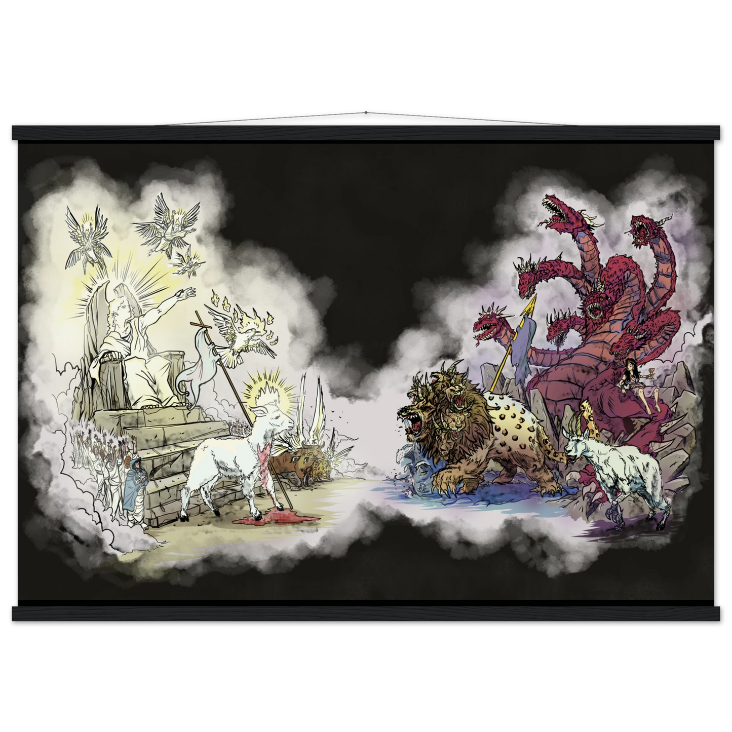 Inspiring modern Christian graphic art Team Lamb versus Team Dragon by Seth Haak, Revelation Series Semi-Glossy Paper with Wood Hanging Rail Print 28×40" (70×100 cm) Black Rail