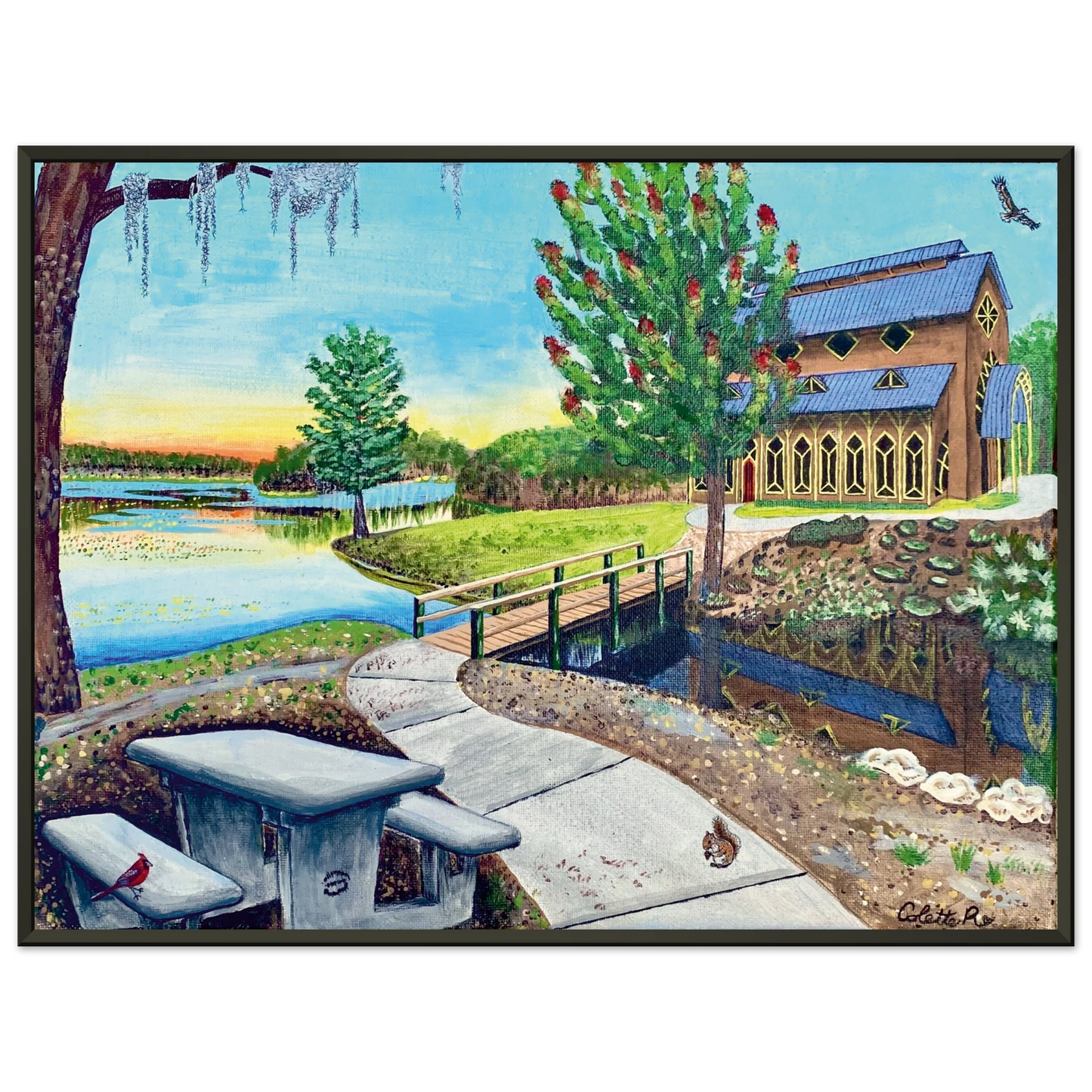 Inspiring Christian art acrylic on canvas painting Sanctuary at Lake Alice by Colette Raine Matte Paper in Metal Frame Print 18×24" (45×60 cm) Black Frame
