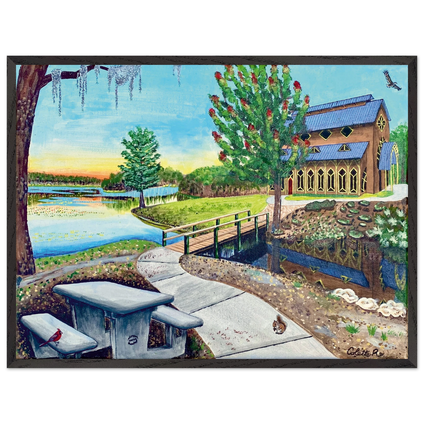 Inspiring Christian art acrylic on canvas painting Sanctuary at Lake Alice by Colette Raine Fine Art Paper in Wood Frame Print 18×24" (45×60 cm) Black Frame