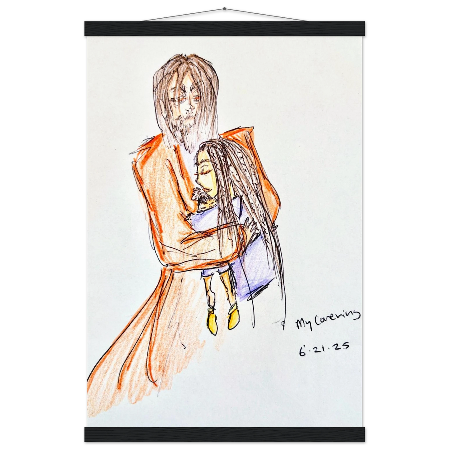 My Covering by Katie Jackson-Jesus Holding Child Drawing-Christian Comfort Art-Matte Paper with Wood Hanging Rail Print, 16×24" (40×60 cm), Black Rail