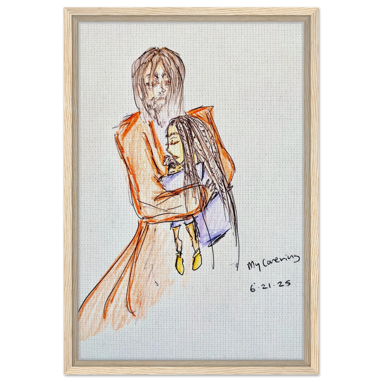 My Covering by Katie Jackson-Jesus Holding Child Drawing-Christian Comfort Art-Canvas in Wood Frame Print, 16×24" (40×60 cm), Natural Wood Frame
