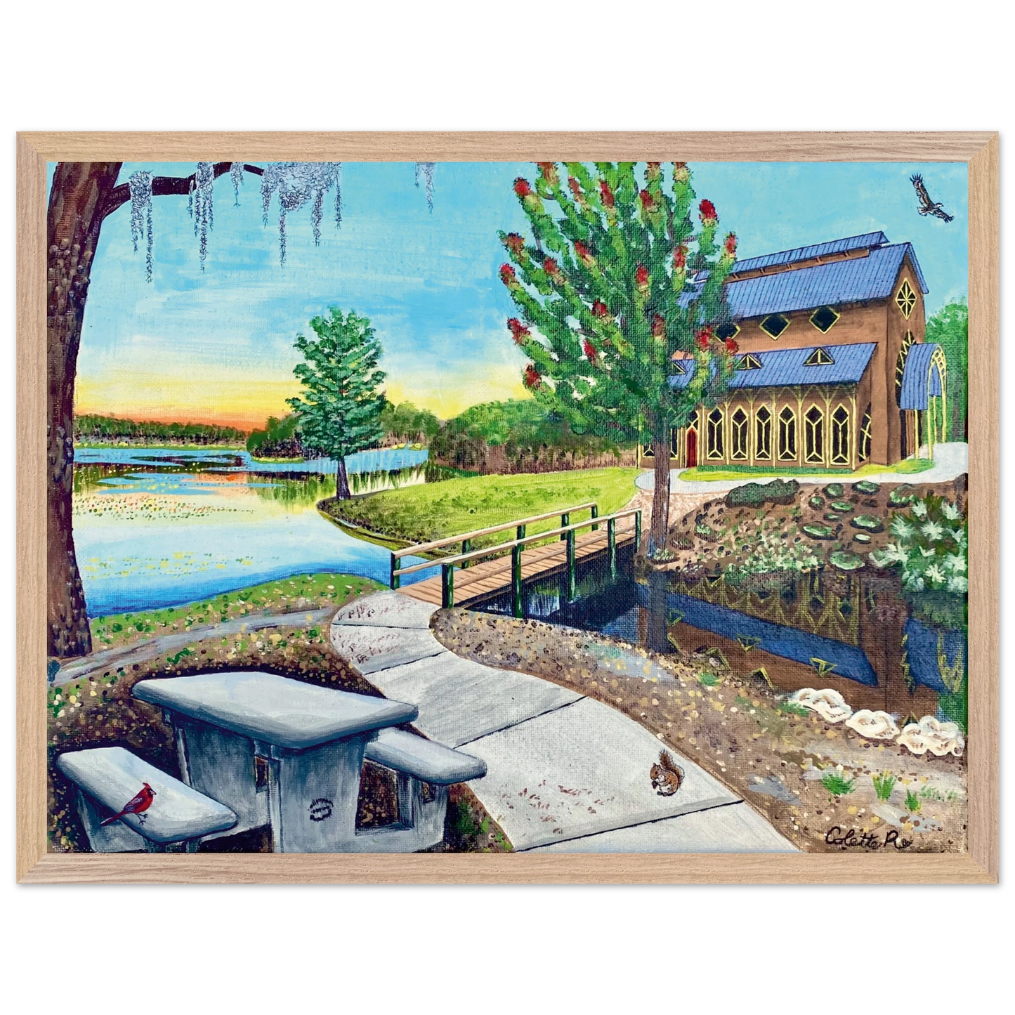 Inspiring Christian art acrylic on canvas painting Sanctuary at Lake Alice by Colette Raine Semi-Glossy Paper in Wood Frame Print 18×24" (45×60 cm) Natural Wood Frame