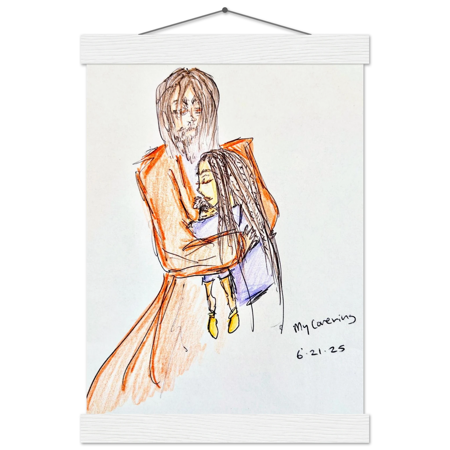My Covering by Katie Jackson-Jesus Holding Child Drawing-Christian Comfort Art-Matte Paper with Wood Hanging Rail Print, 8×12" (21×30 cm), White Rail