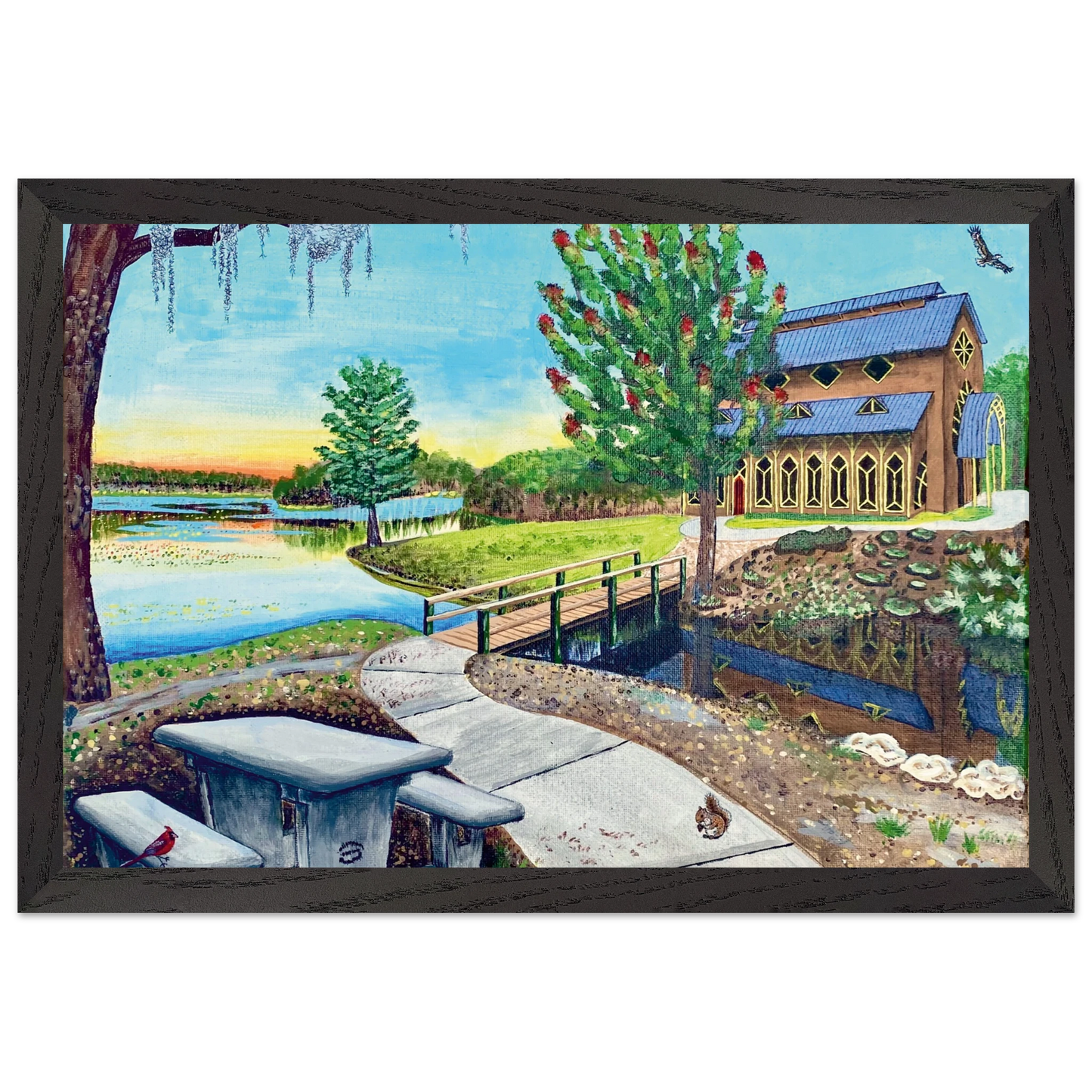 Inspiring Christian art acrylic on canvas painting Sanctuary at Lake Alice by Colette Raine Fine Art Paper in Wood Frame Print 8.3×11.7" (21×29.7 cm A4 size) Black Frame