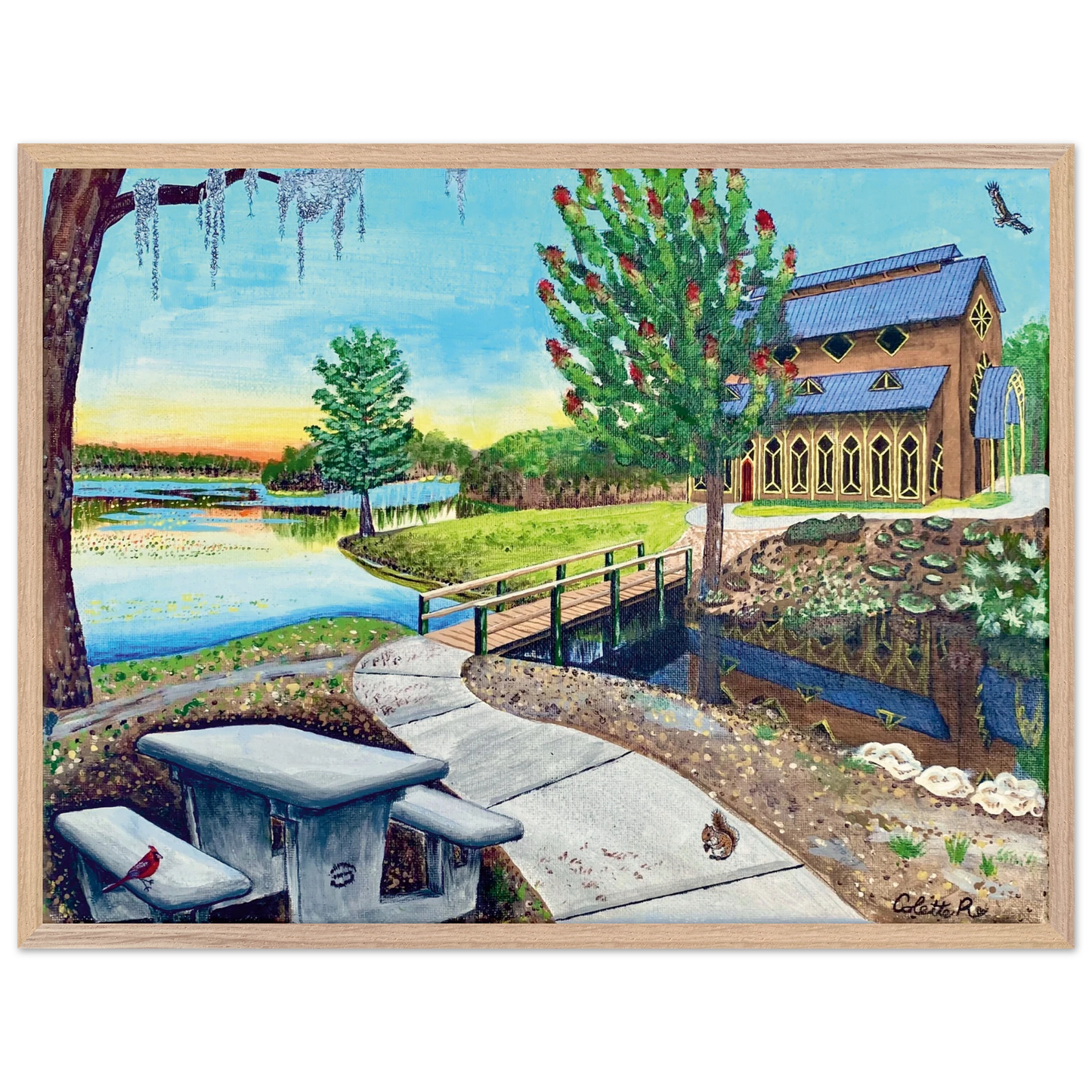 Inspiring Christian art acrylic on canvas painting Sanctuary at Lake Alice by Colette Raine Semi-Glossy Paper in Wood Frame Print 24×32" (60×80 cm) Natural Wood Frame