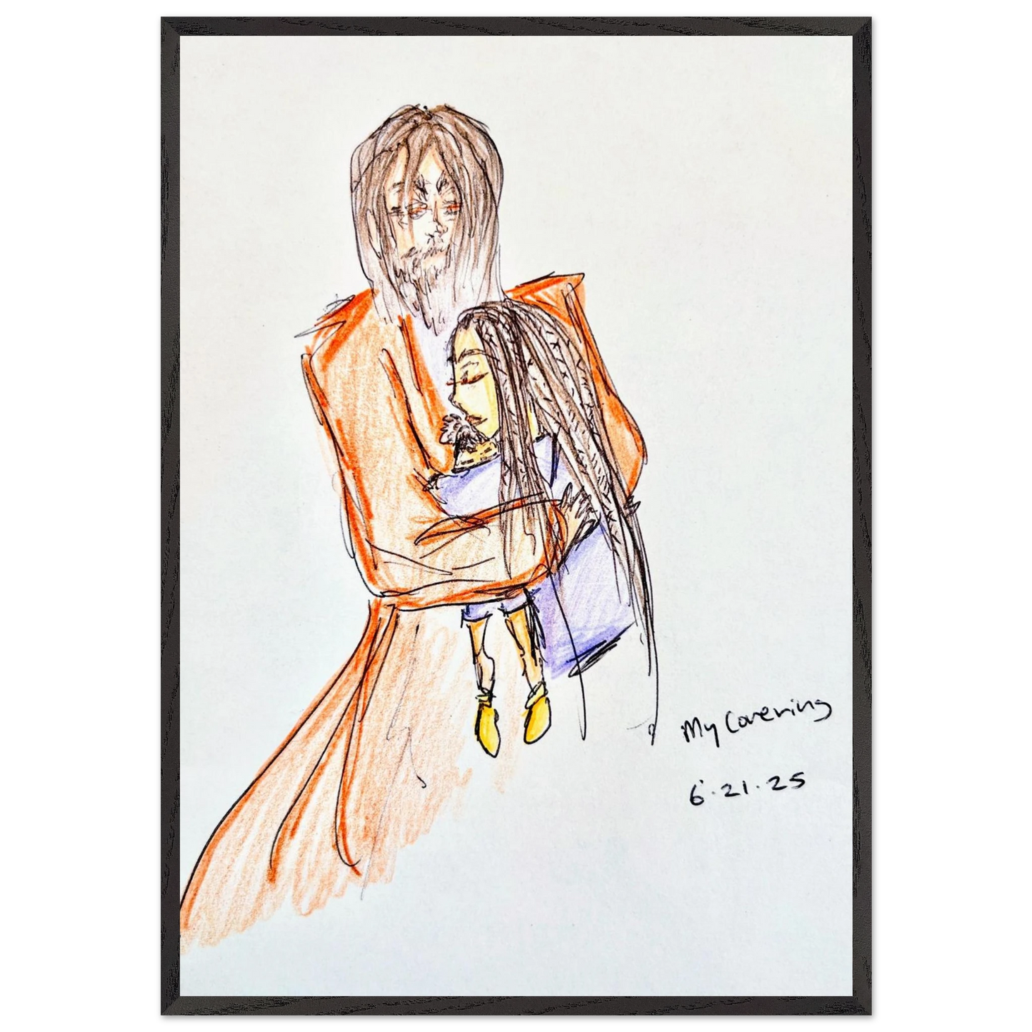 My Covering by Katie Jackson-Jesus Holding Child Drawing-Christian Comfort Art-Semi-Glossy Paper in Wood Frame Print, 28×40" (70×100 cm), Black Frame