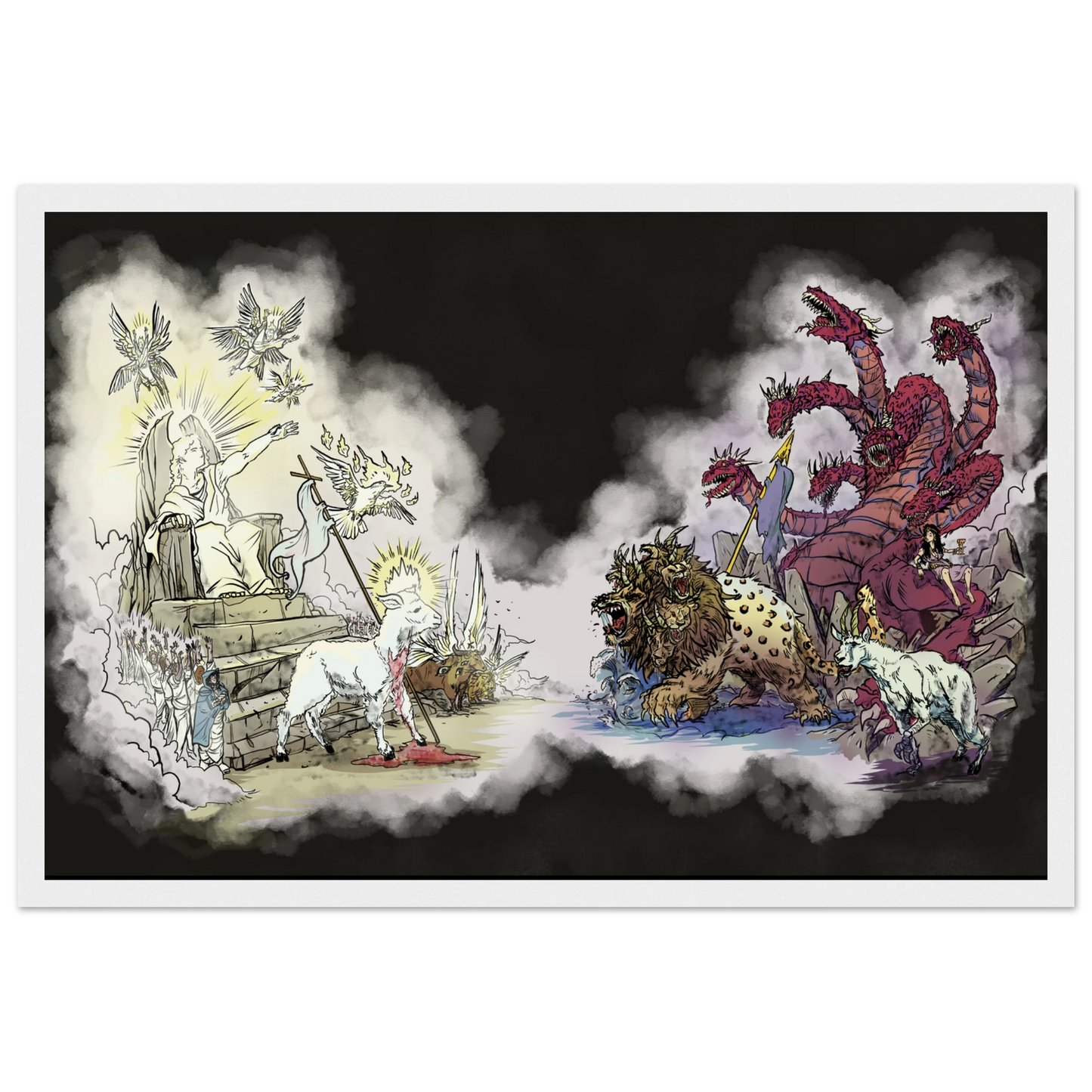 Inspiring modern Christian graphic art Team Lamb versus Team Dragon by Seth Haak, Revelation Series Semi-Glossy Paper in Wood Frame Print 12×18" (30×45 cm) White Frame
