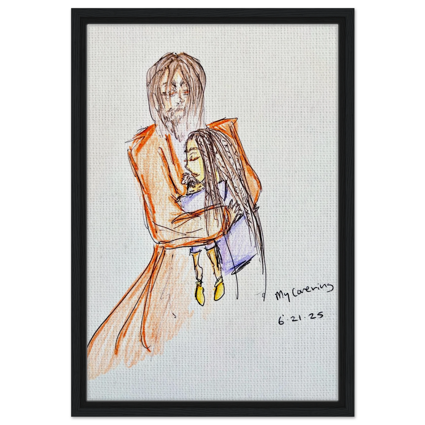 My Covering by Katie Jackson-Jesus Holding Child Drawing-Christian Comfort Art-Canvas in Wood Frame Print, 16×24" (40×60 cm), Black Frame