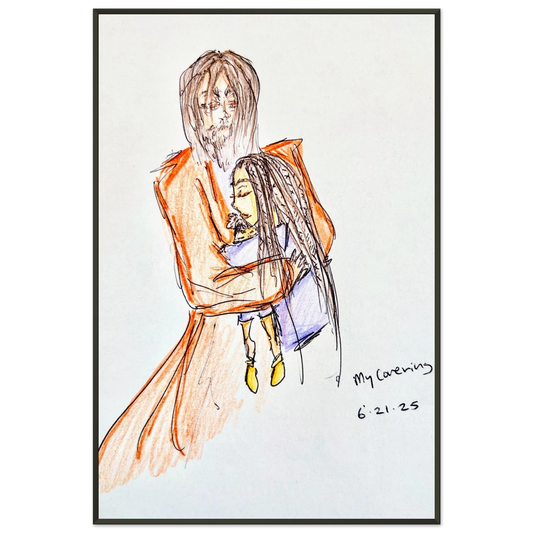 My Covering by Katie Jackson-Jesus Holding Child Drawing-Christian Comfort Art-Semi-Glossy Paper in Metal Frame Print, 24×36" (60×90 cm), Black Frame