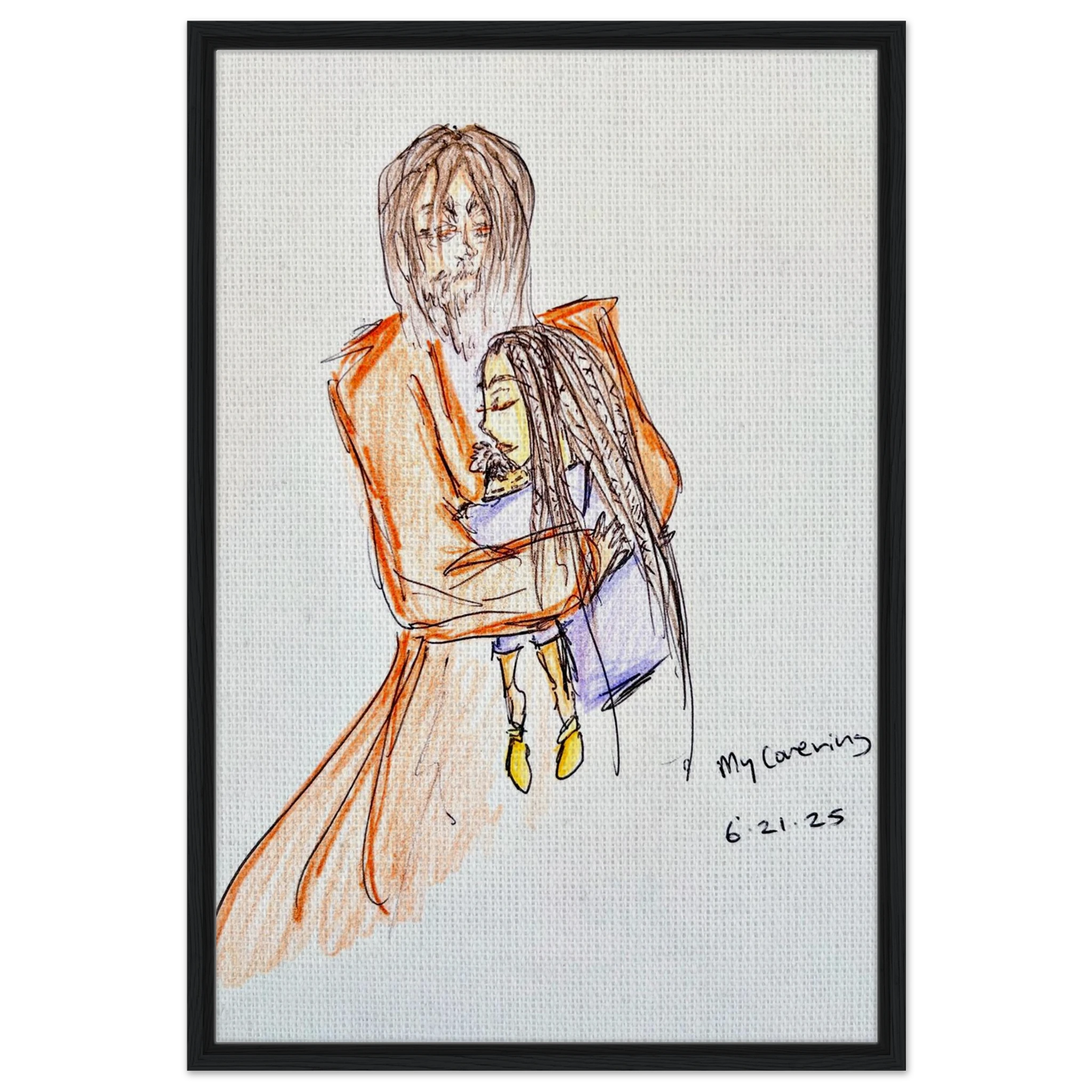 My Covering by Katie Jackson-Jesus Holding Child Drawing-Christian Comfort Art-Canvas in Wood Frame Print, 24×36" (60×90 cm), Black Frame