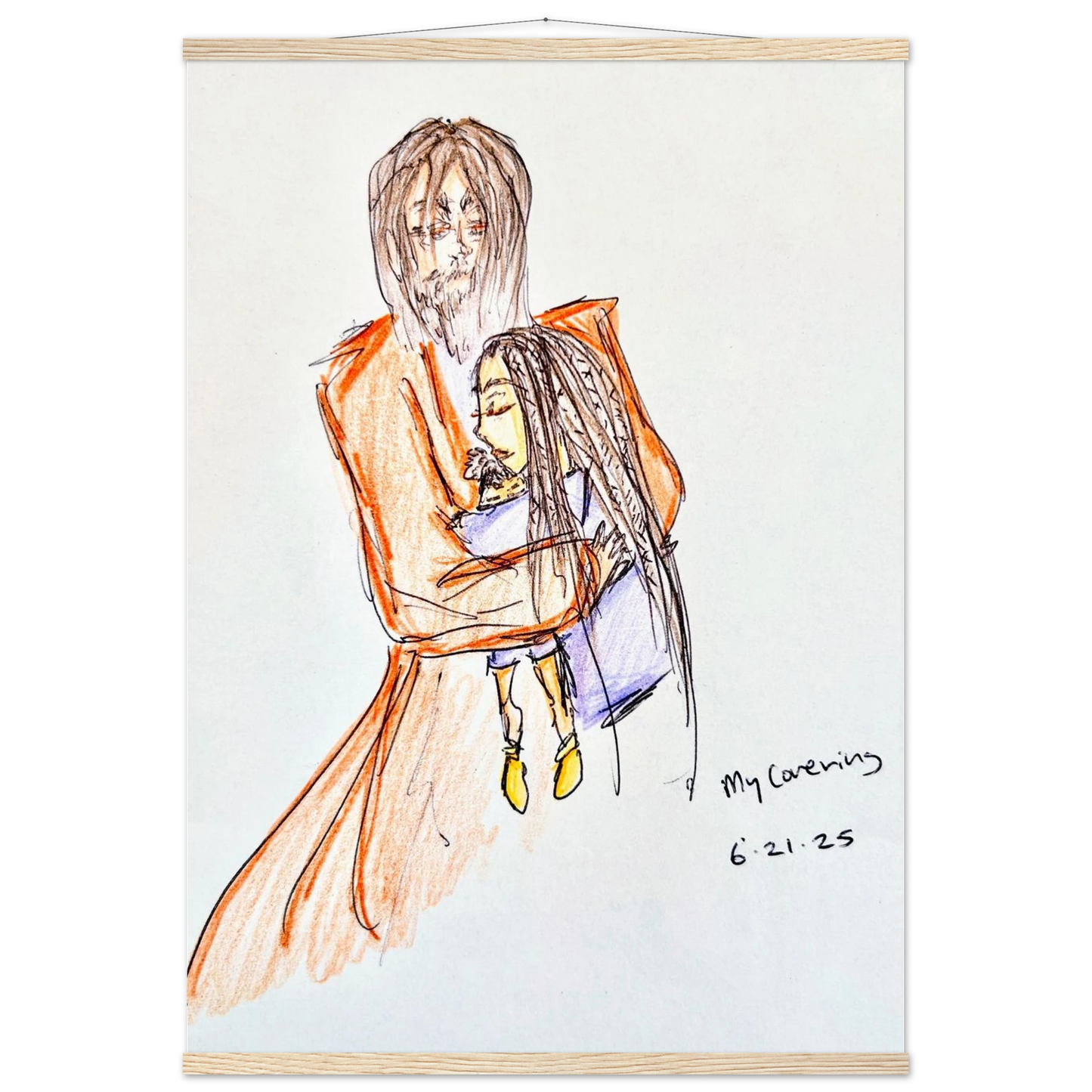 My Covering by Katie Jackson-Jesus Holding Child Drawing-Christian Comfort Art-Matte Paper with Wood Hanging Rail Print, 28×40" (70×100 cm), Natural Wood Rail