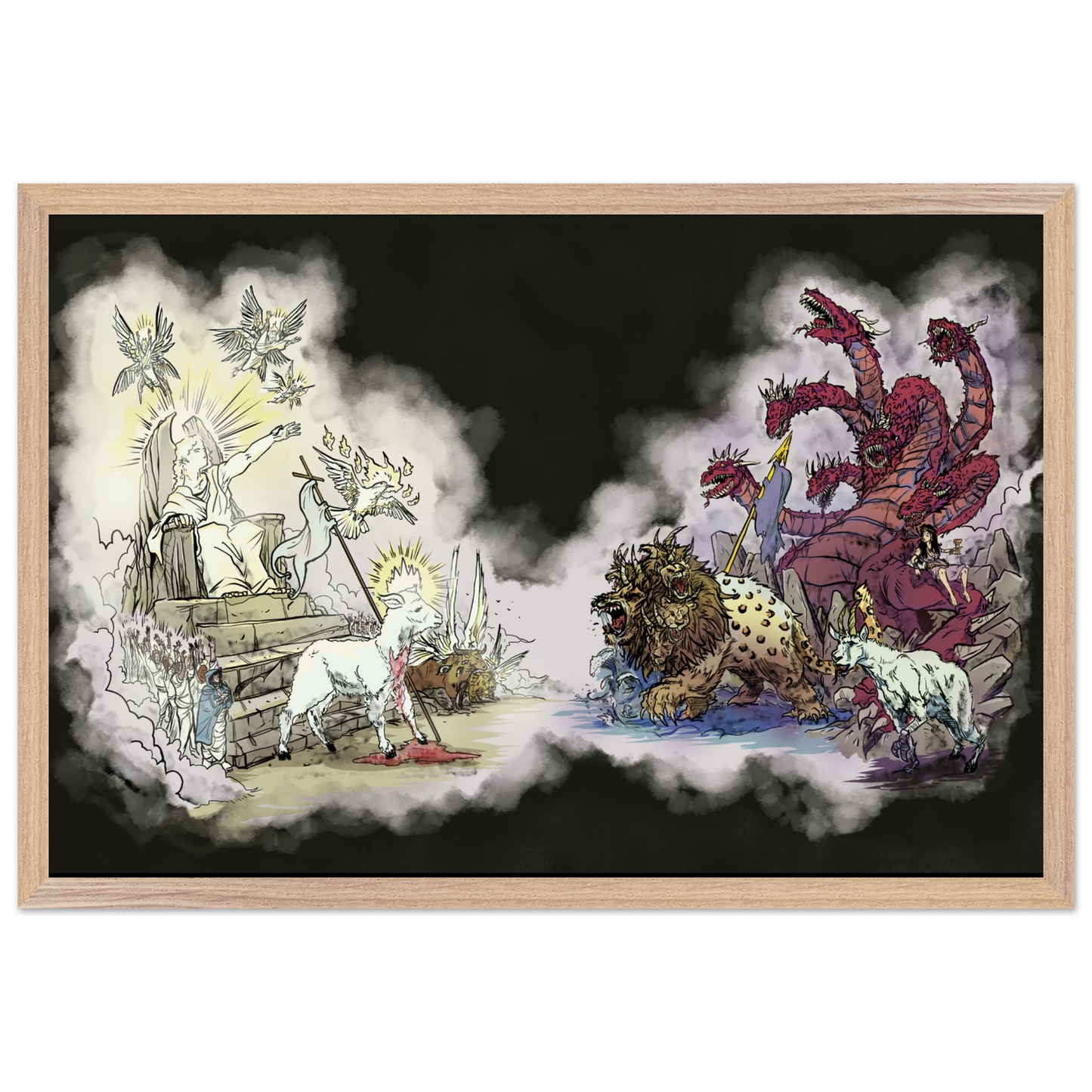 Inspiring modern Christian graphic art Team Lamb versus Team Dragon by Seth Haak, Revelation Series Fine Art Paper in Wood Frame Print 12×18" (30×45 cm) Natural Wood Frame