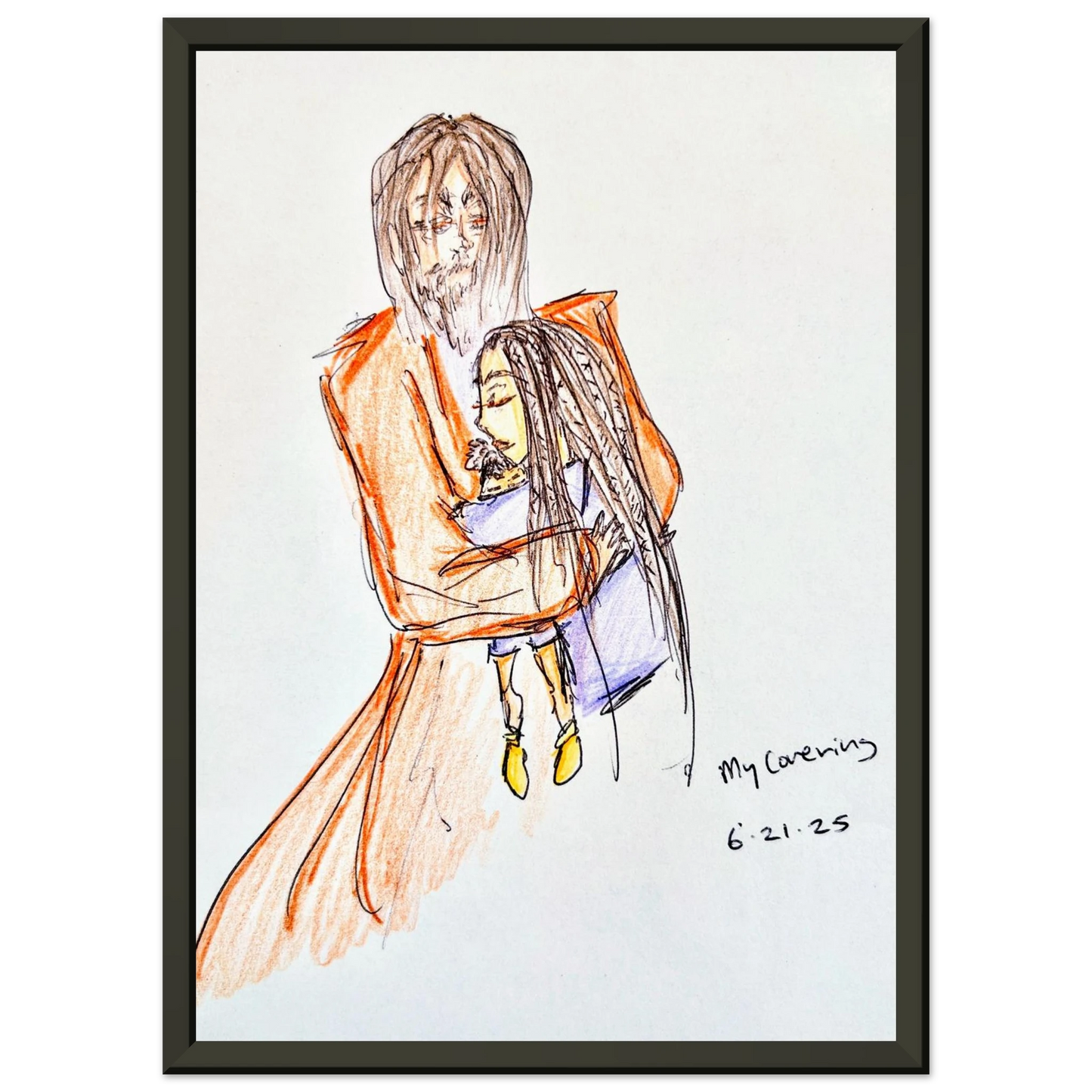 My Covering by Katie Jackson-Jesus Holding Child Drawing-Christian Comfort Art-Semi-Glossy Paper in Metal Frame Print, 8×12" (21×30 cm), Black Frame