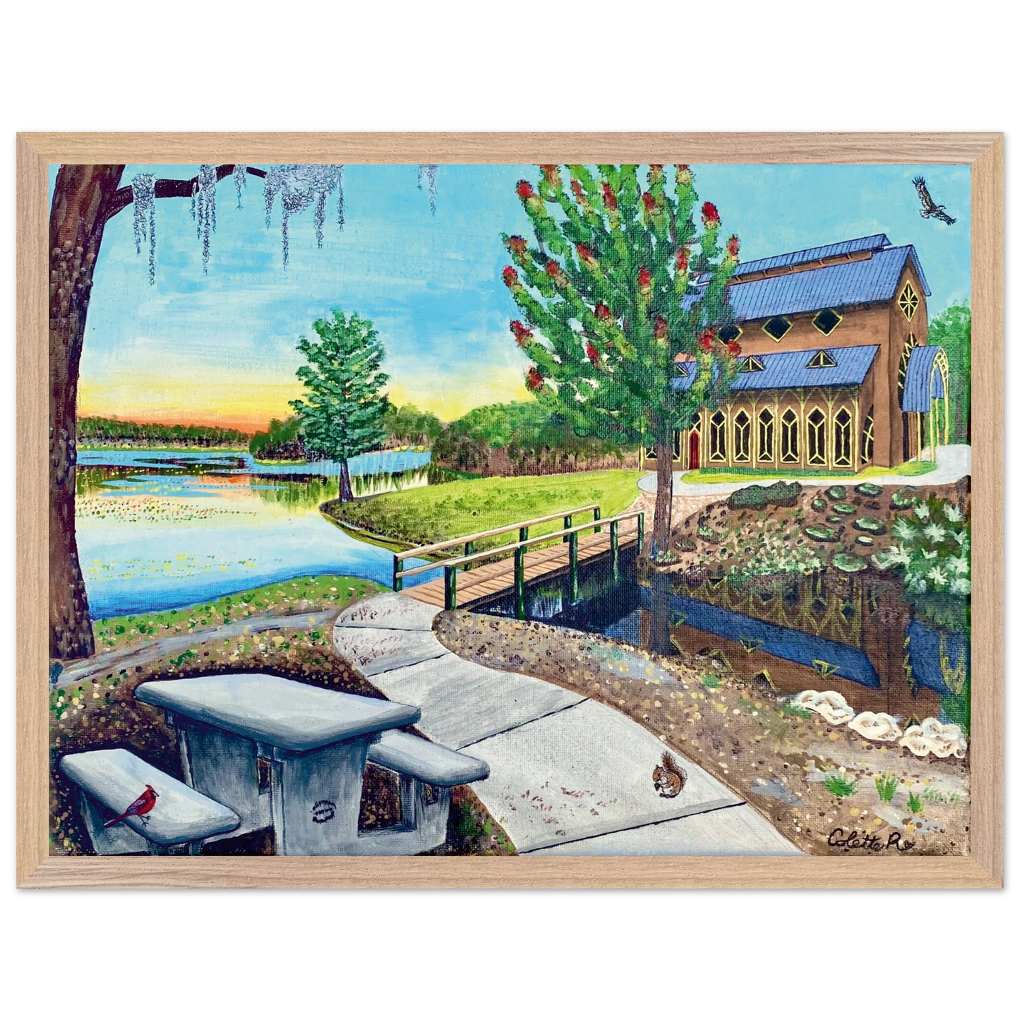 Inspiring Christian art acrylic on canvas painting Sanctuary at Lake Alice by Colette Raine Fine Art Paper in Wood Frame Print 12×16" (30×40 cm) Natural Wood Frame