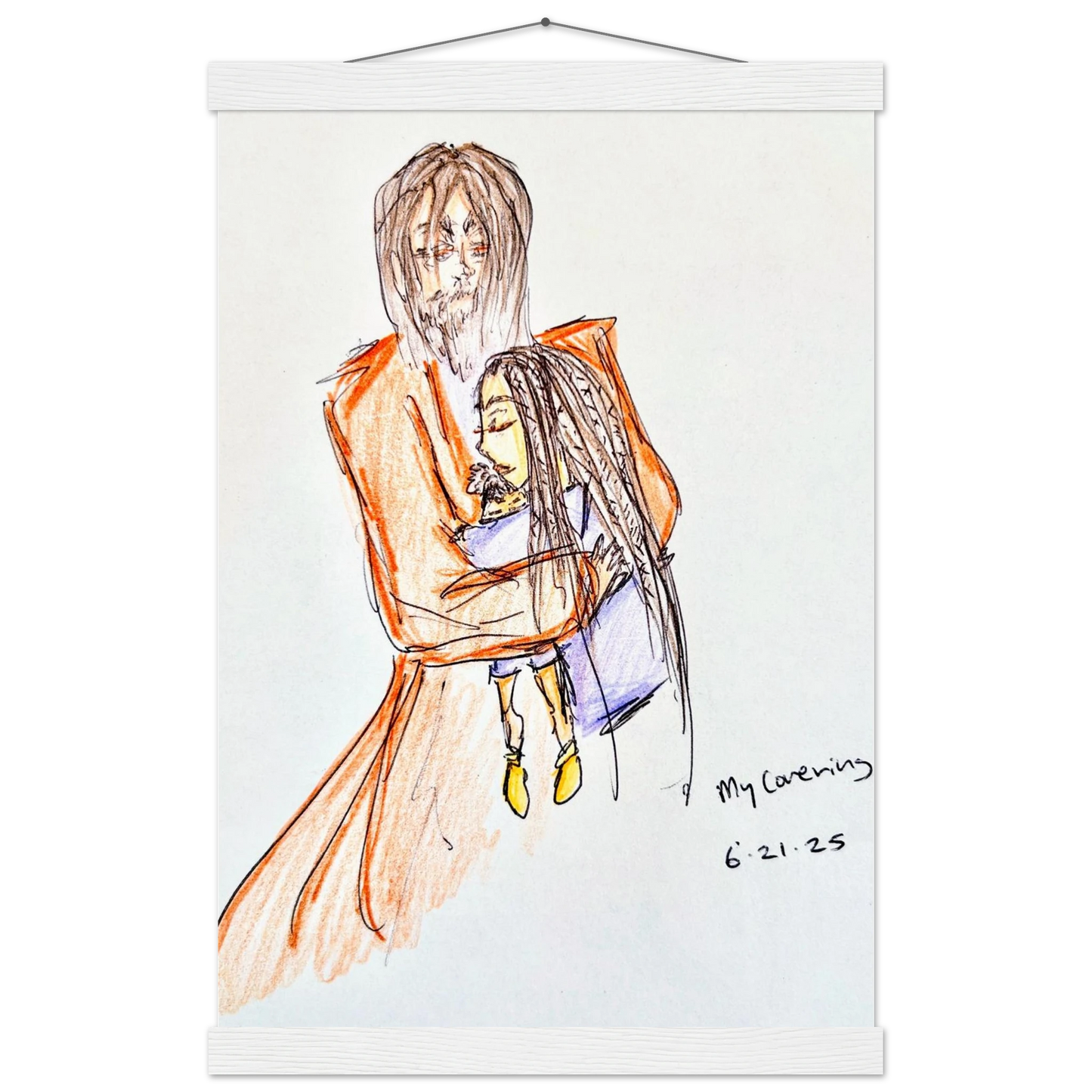 My Covering by Katie Jackson-Jesus Holding Child Drawing-Christian Comfort Art-Matte Paper with Wood Hanging Rail Print, 12×18" (30×45 cm), White Rail