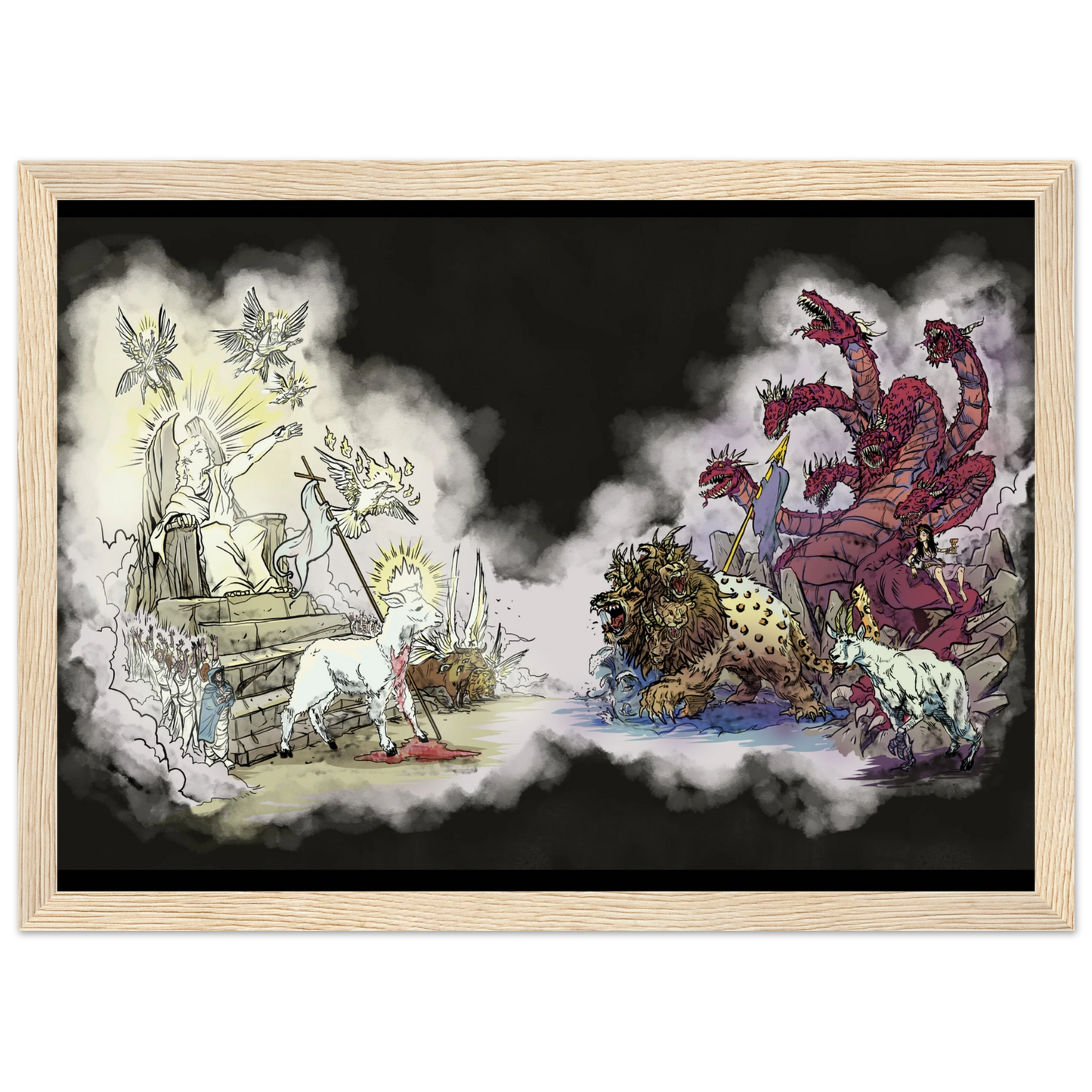 Inspiring modern Christian graphic art Team Lamb versus Team Dragon by Seth Haak, Revelation Series Semi-Glossy Paper in Wood Frame Print 8.3×11.7" (21×29.7 cm A4) Natural Wood Frame