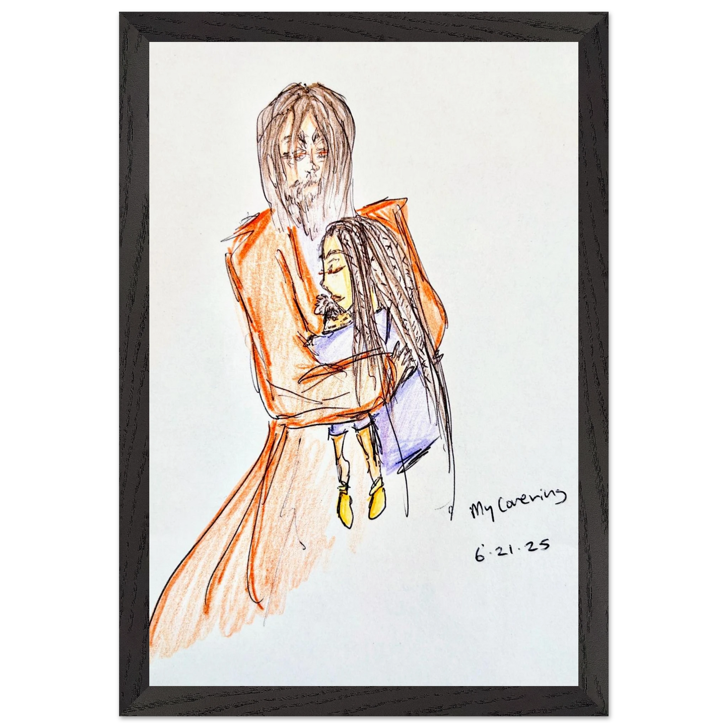 My Covering by Katie Jackson-Jesus Holding Child Drawing-Christian Comfort Art-Fine Art Paper in Wood Frame Print, 8×12" (21×30 cm), Black Frame