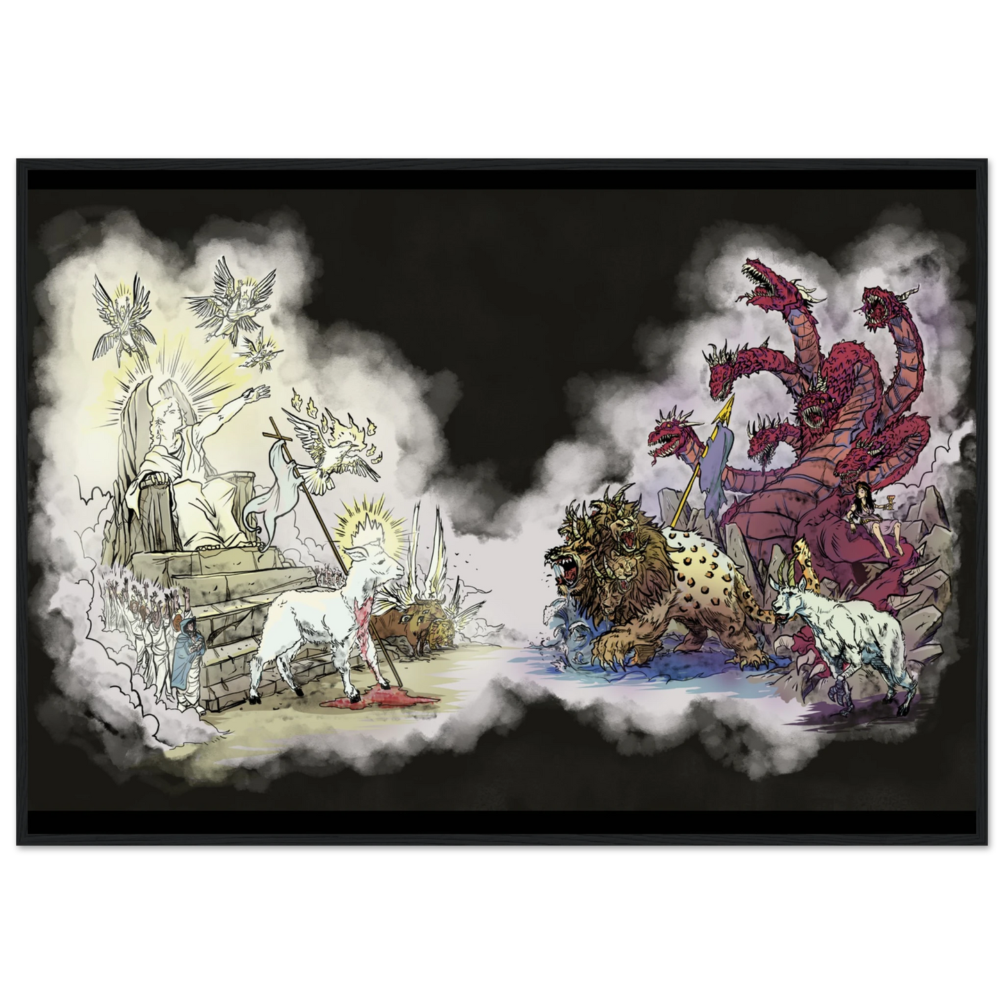 Inspiring modern Christian graphic art Team Lamb versus Team Dragon by Seth Haak, Revelation Series Semi-Glossy Paper in Wood Frame Print 28×40" (70×100 cm) Black Frame