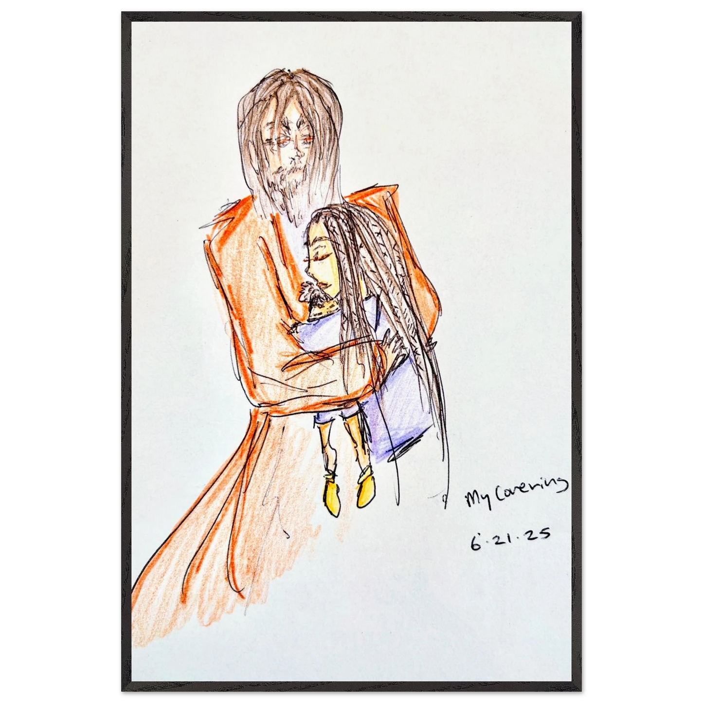 My Covering by Katie Jackson-Jesus Holding Child Drawing-Christian Comfort Art-Fine Art Paper in Wood Frame Print, 24×36" (60×90 cm), Black Frame